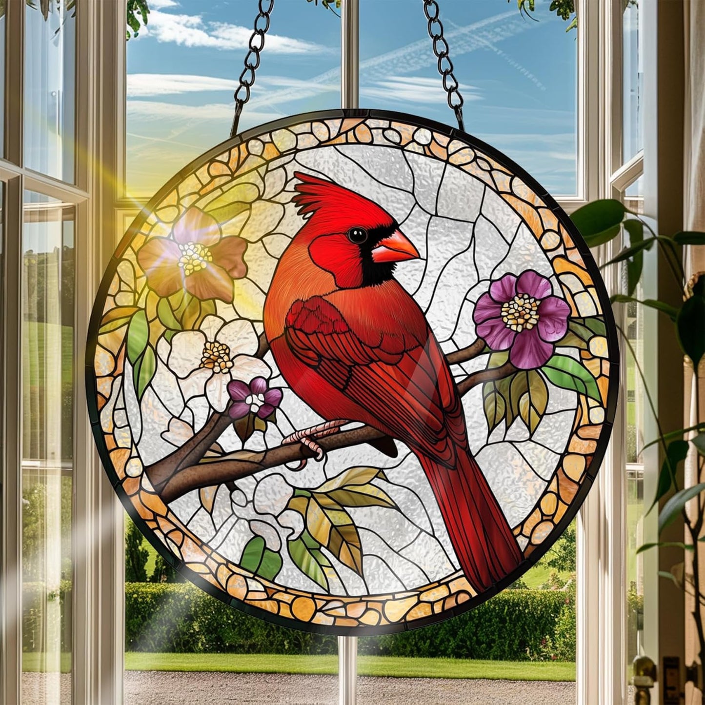 VAIIEYO Cardinal Bird Sun Catcher Stained Glass Window Hanging Ornament, Handmade Sun Catcher Animal Bird Decoration with Hooks for Window Garden Home,Christmas & Birthday Housewarming Gift (7.8 inch)