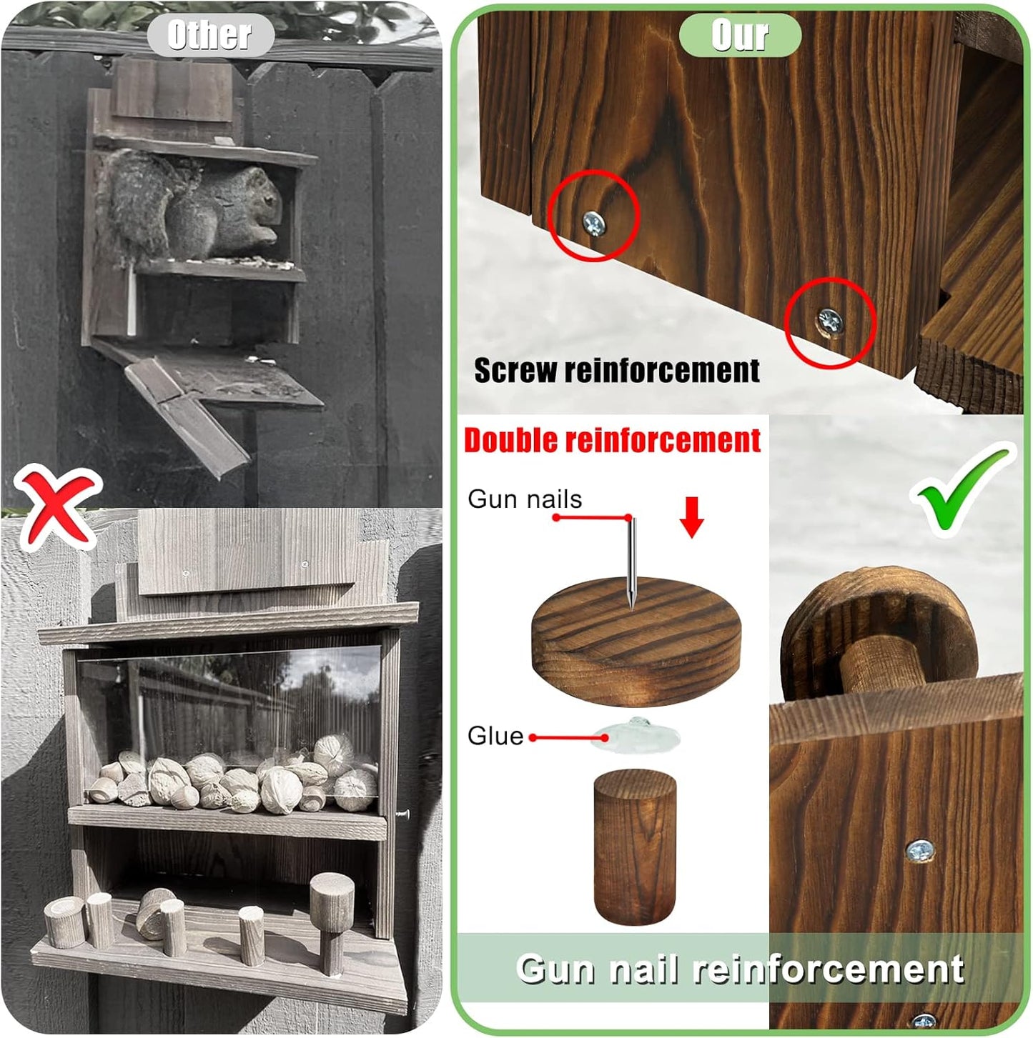 Carbonized Squirrel Feeder, Large Squirrel Feeders for Outside Funny Squrrill Nuts Bar, Durable Wooden Chipmunk House Box for Corn Peanuts