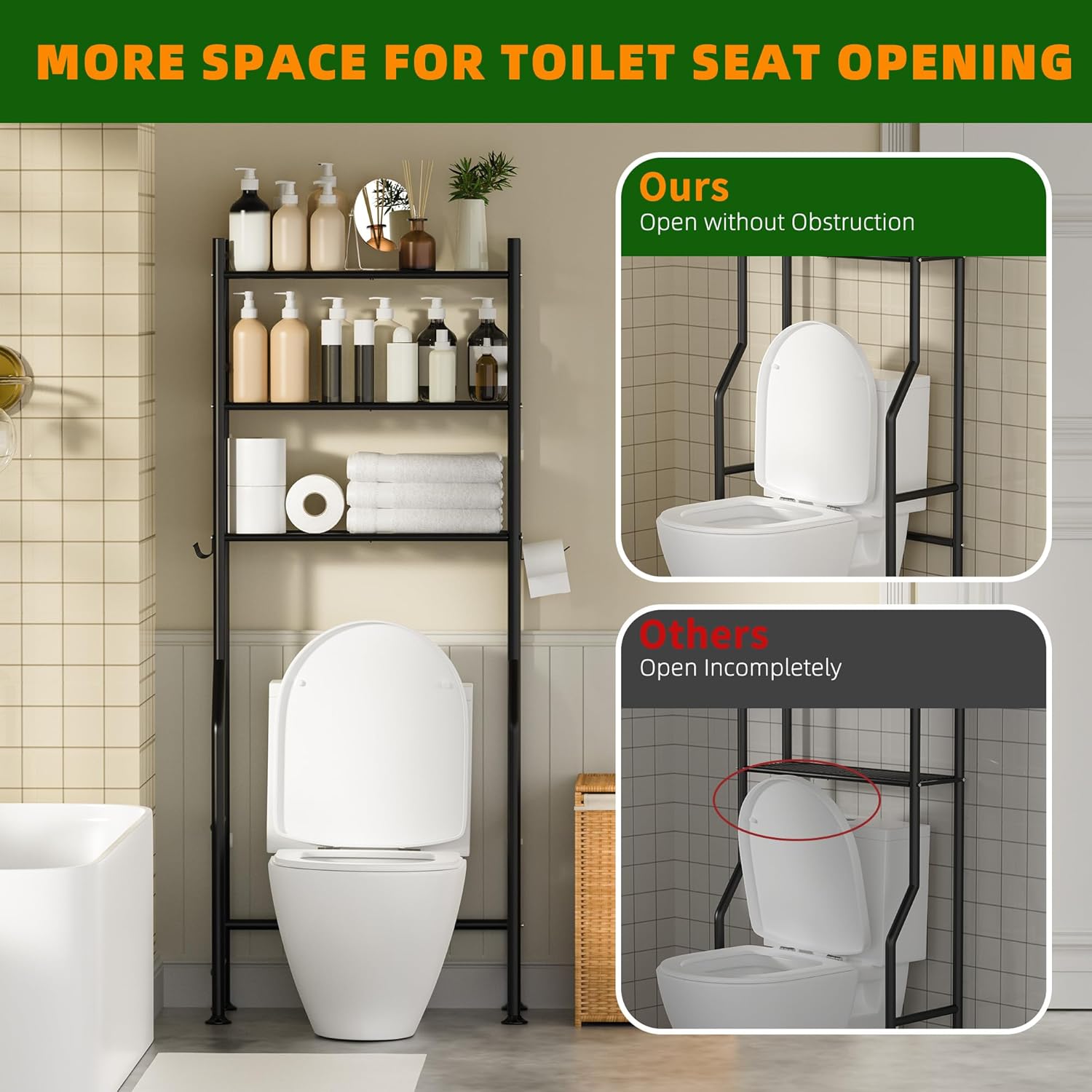 3-Tier Over Toilet Storage with Anti-Tilt Safety System - 150lb Total 