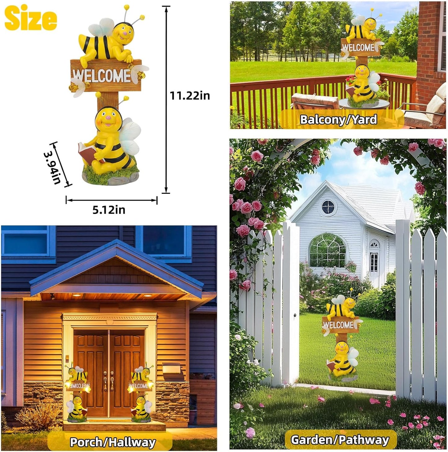 AVEKI Solar Garden Bee Statues Outdoor Decor Welcome Board Porch Decorations with Solar Light Waterproof Garden Decor for Yard Art Lawn Patio Balcony Women Garden Gifts for Mom Grandma