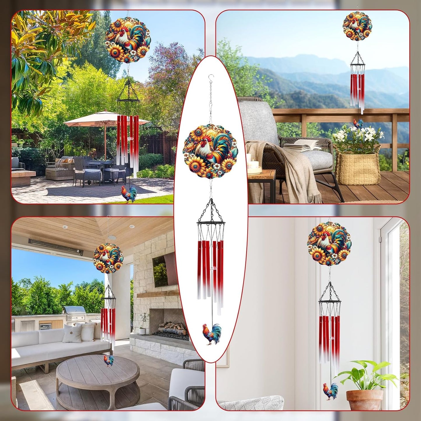 Windchimes with Wind Spinner Outdoors, Rooster Wind Chimes Gifts for Women Mom Sisters, Metal 3D Hanging Ornaments Decor for Garden Outside Yard