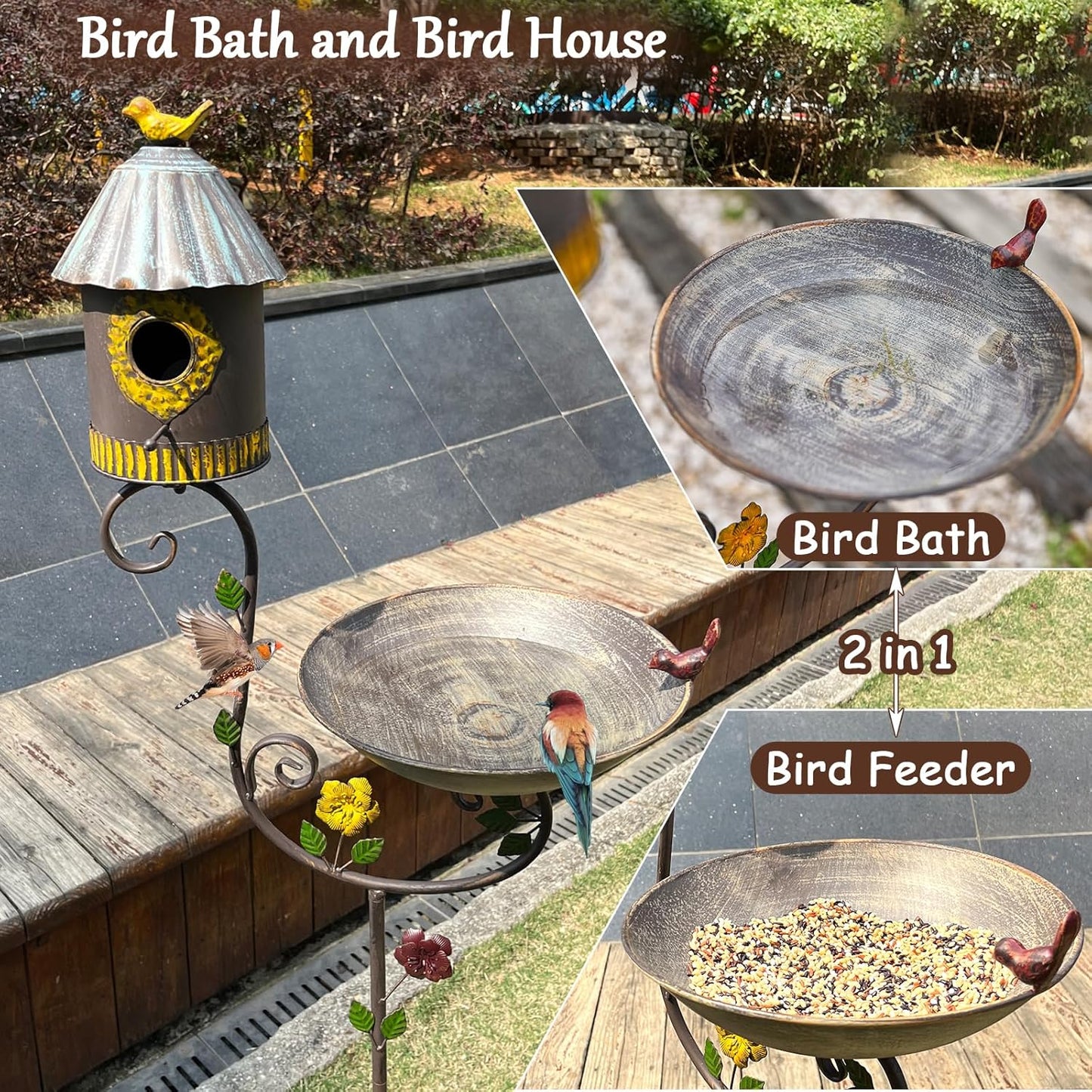 56" Tall Bird Baths for Outdoors, Metal Bird Bath and Birdhouse with Pole, Garden Bird Houses with Feeder on Stake, Standing Birdbath and Bird House for Outside, Outdoor Birdbaths with 4-Prong Base