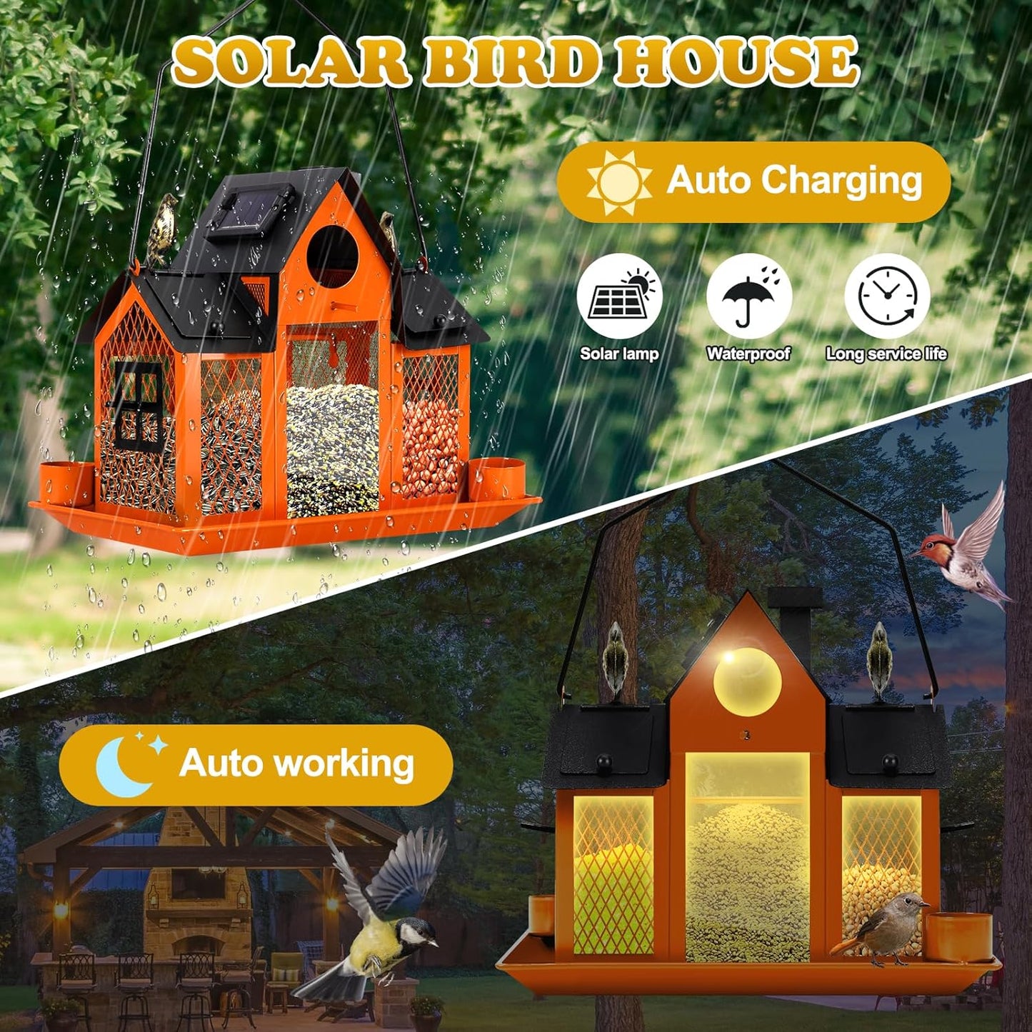 Solar Bird Feeders House for Outside Hanging, Metal Wild Bird Feeder f