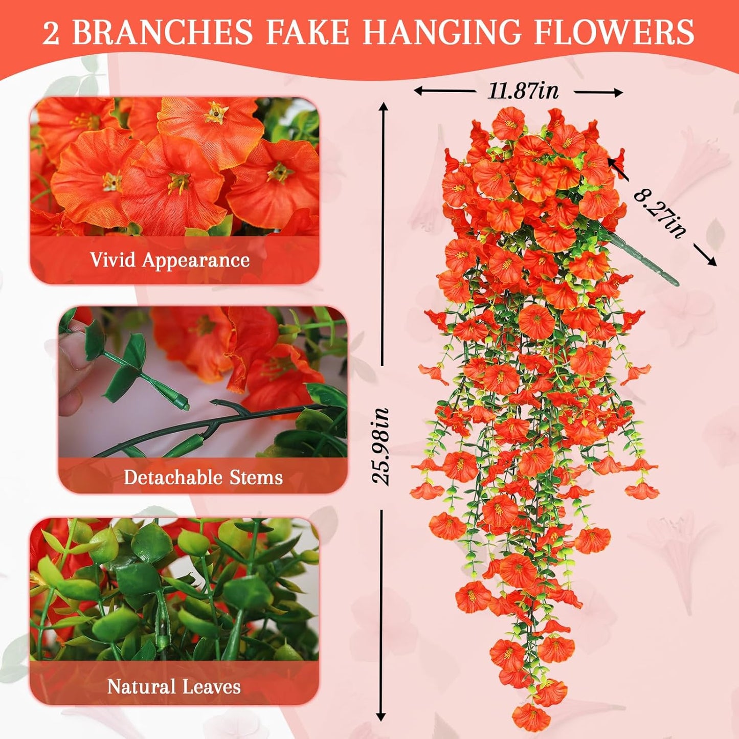 Artificial Fake Fall Hanging Flowers for Outdoors, 2 PCS Faux Silk Orange Morning Glory Trailing Vines UV Resistant No Fade Hanging Plants for Autumn Home Balcony Yard Box Pot Planter Decor