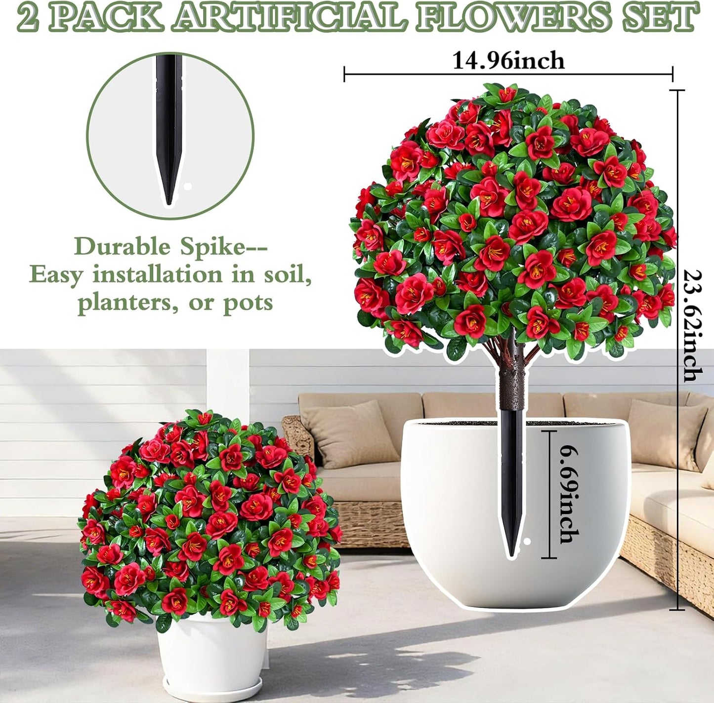 Waipfaru 2 Pack Artificial Flowers Topiary Ball Trees for Outdoors, 24" Fake Bushes Plants, UV Resistant Faux Shrubs with Ground Spike for Front Porch Planters Patio Garden Yard Decor(Red)