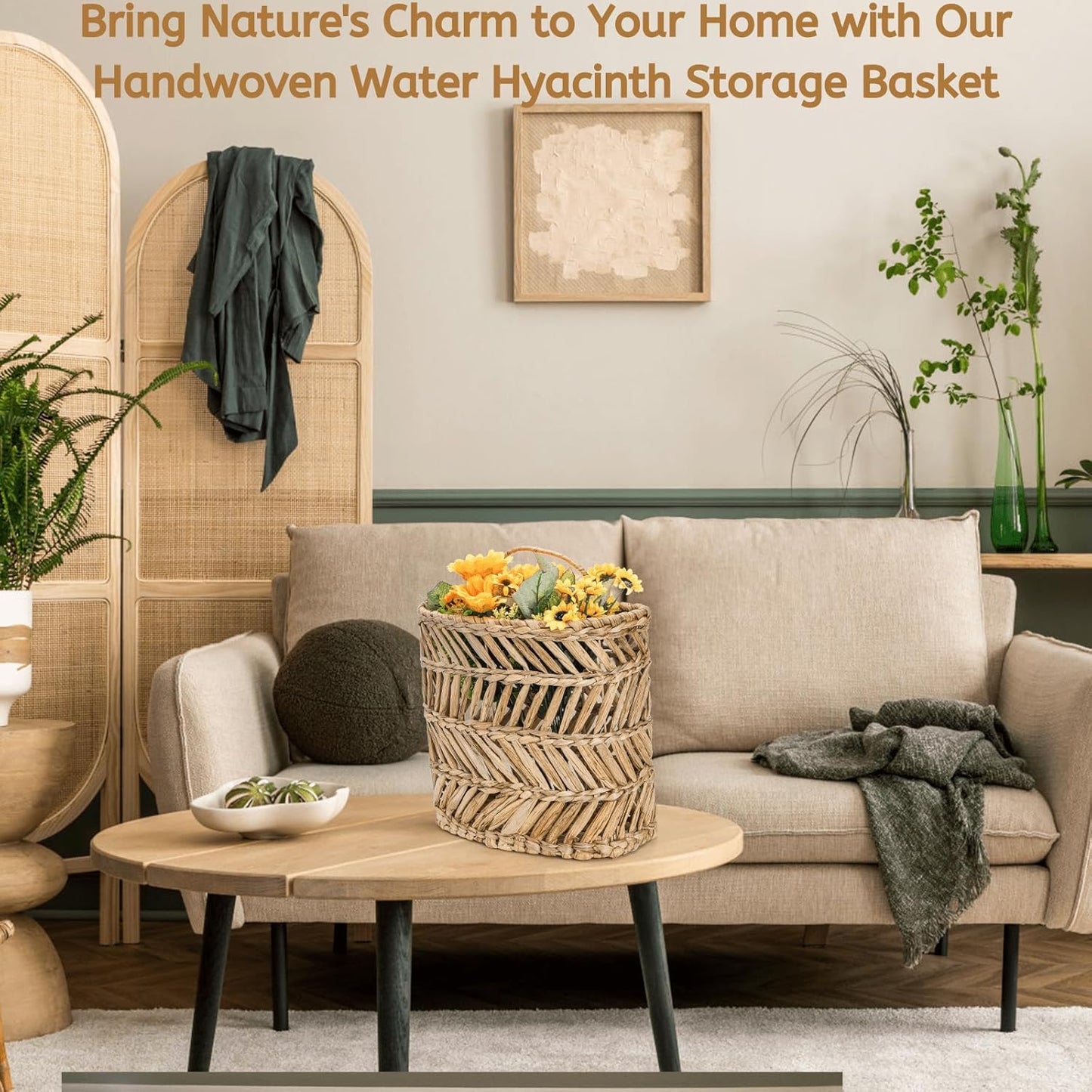 YOUEON Large Woven Hanging Storage Basket, 12x5x14 Inch Natural Water Hyacinth Wall Basket with Sturdy Iron Frame, Handwoven Front Door Flower Baskets for Home Garden, Boho Decor