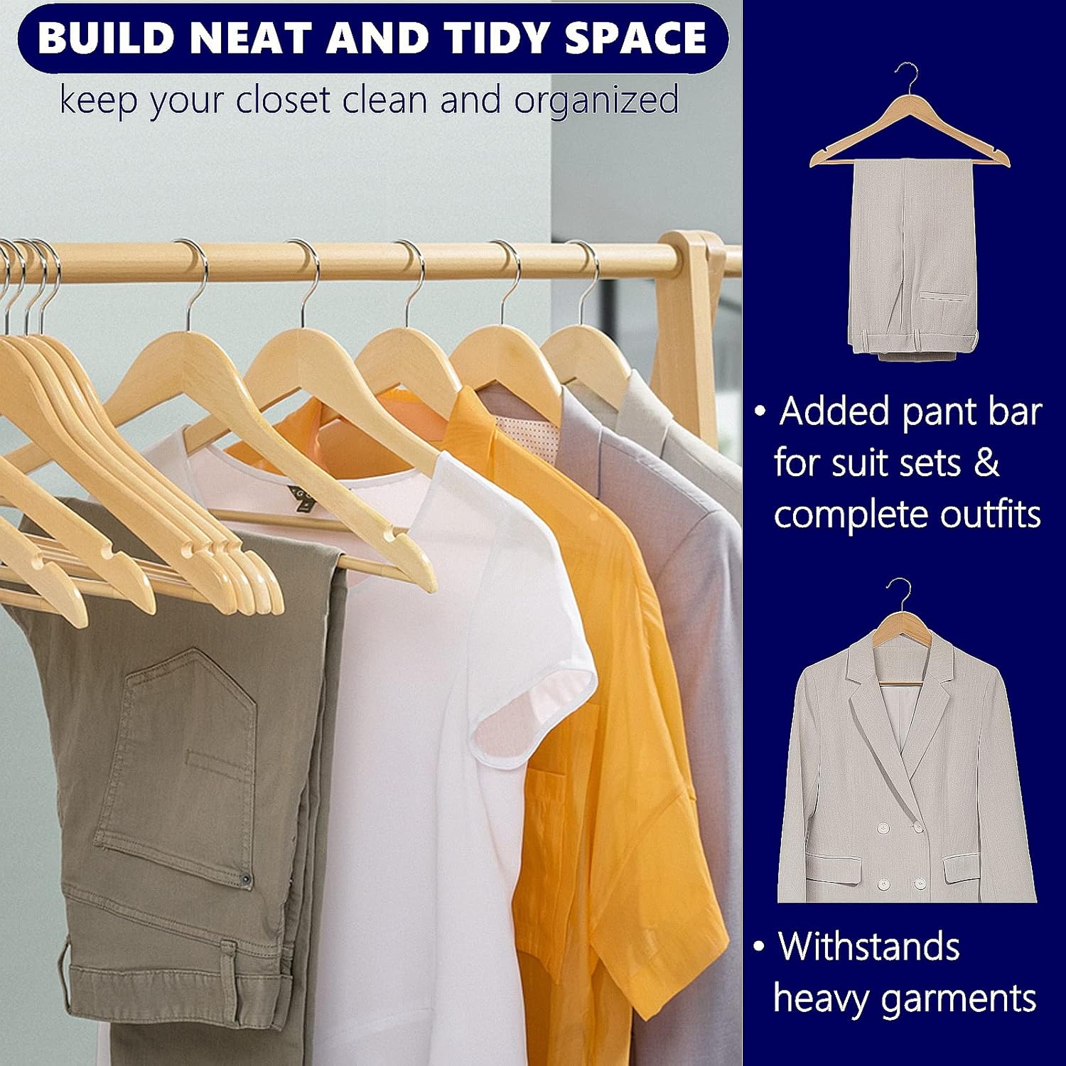 Amber Home 30 Pack Wooden Coat Hangers, Natural Wood Suit Hangers with