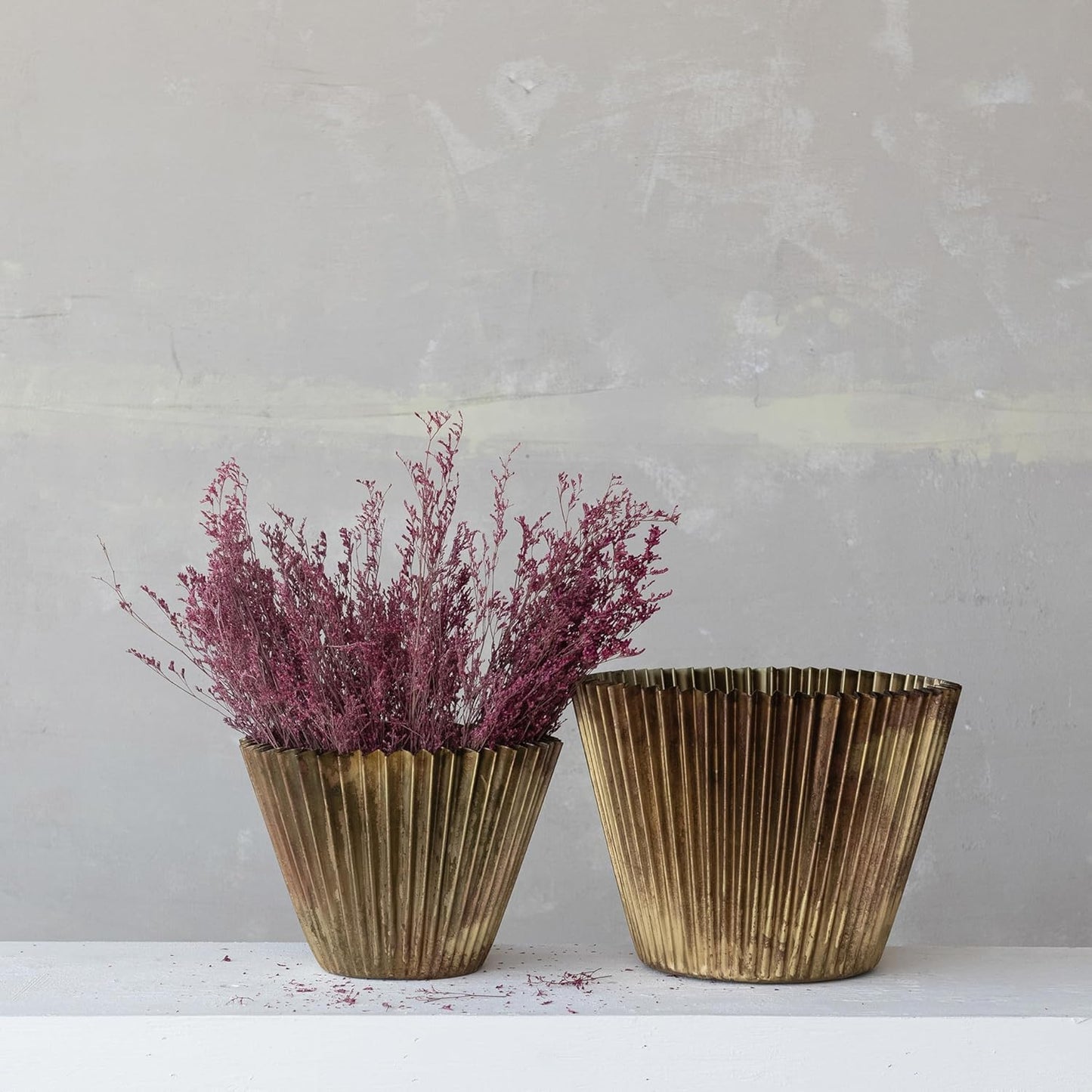 Creative Co-Op Fluted Metal Vase with Distressed Finish, Antique Brass, Set of 2 Sizes