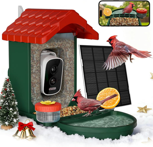 2-in-1 Smart Wild Bird Feeder & Bath with 4K HD Camera, AI Identification Solar Bird Feeder Watching Camera Night Vision for Outdoor Birds Watching Gifts for Birdlover, Red & Green