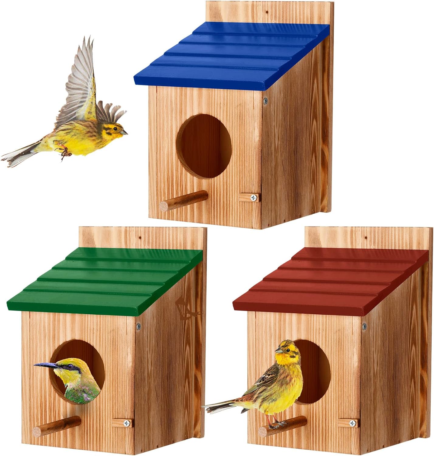 Meanplan 3 Pcs Wooden Bird Houses for Outside Bird House with Pole Wood Hanging Birdhouse for Outdoor Small Bird Nest Box for Finch, Bluebird, Cardinals, Hummingbird, Parakeet Garden Perch House