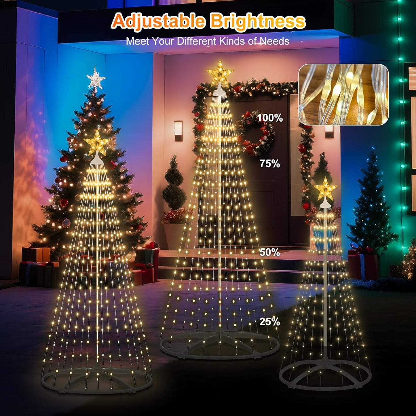 Outdoor Solar Christmas Tree, 3PCS LED Christmas Trees with Remote, 5ft/6ft/7.5ft Multi-Size Set, 8 Modes, IP65 Waterproof, USB Backup, Auto On/Off for Yard Garden Holiday Decor, Warm White