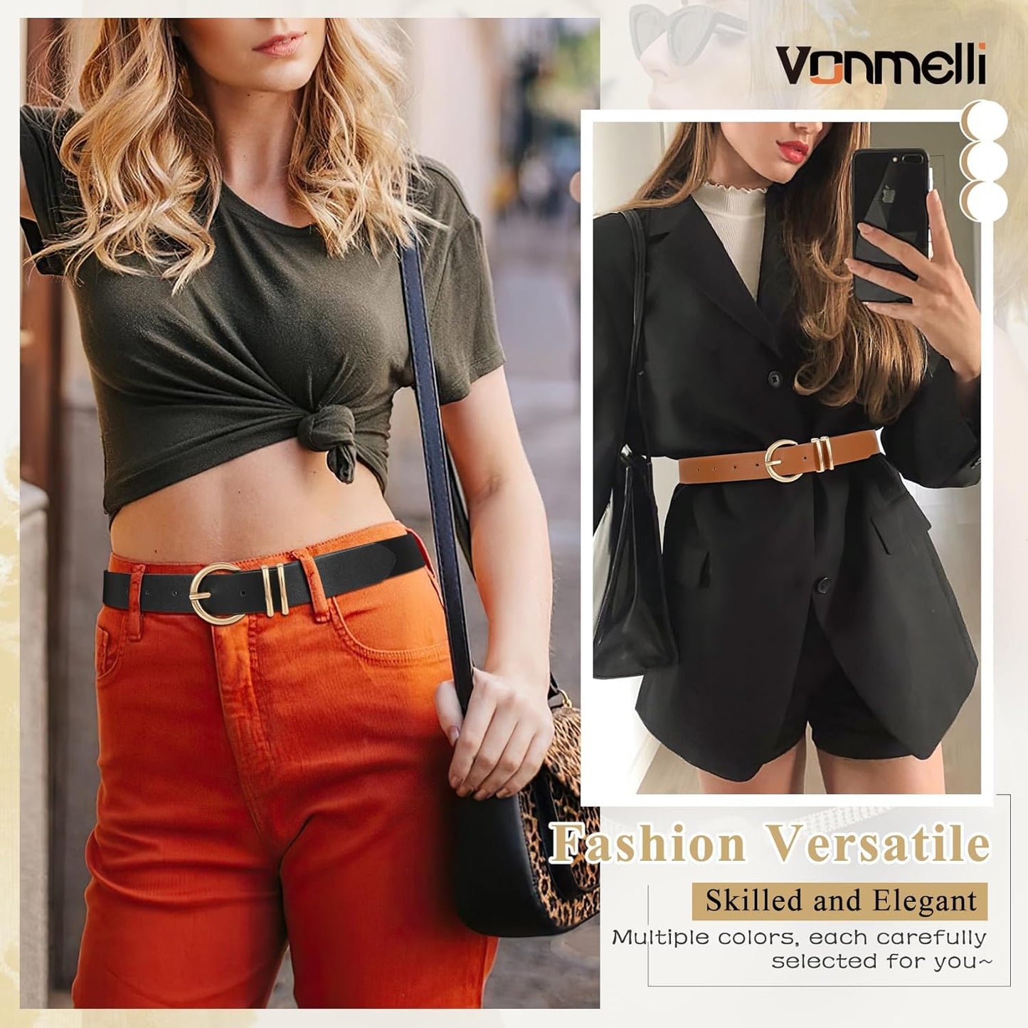 VONMELLI 2 Pack Women's Leather Belts for Jeans Dresses Fashion Gold B