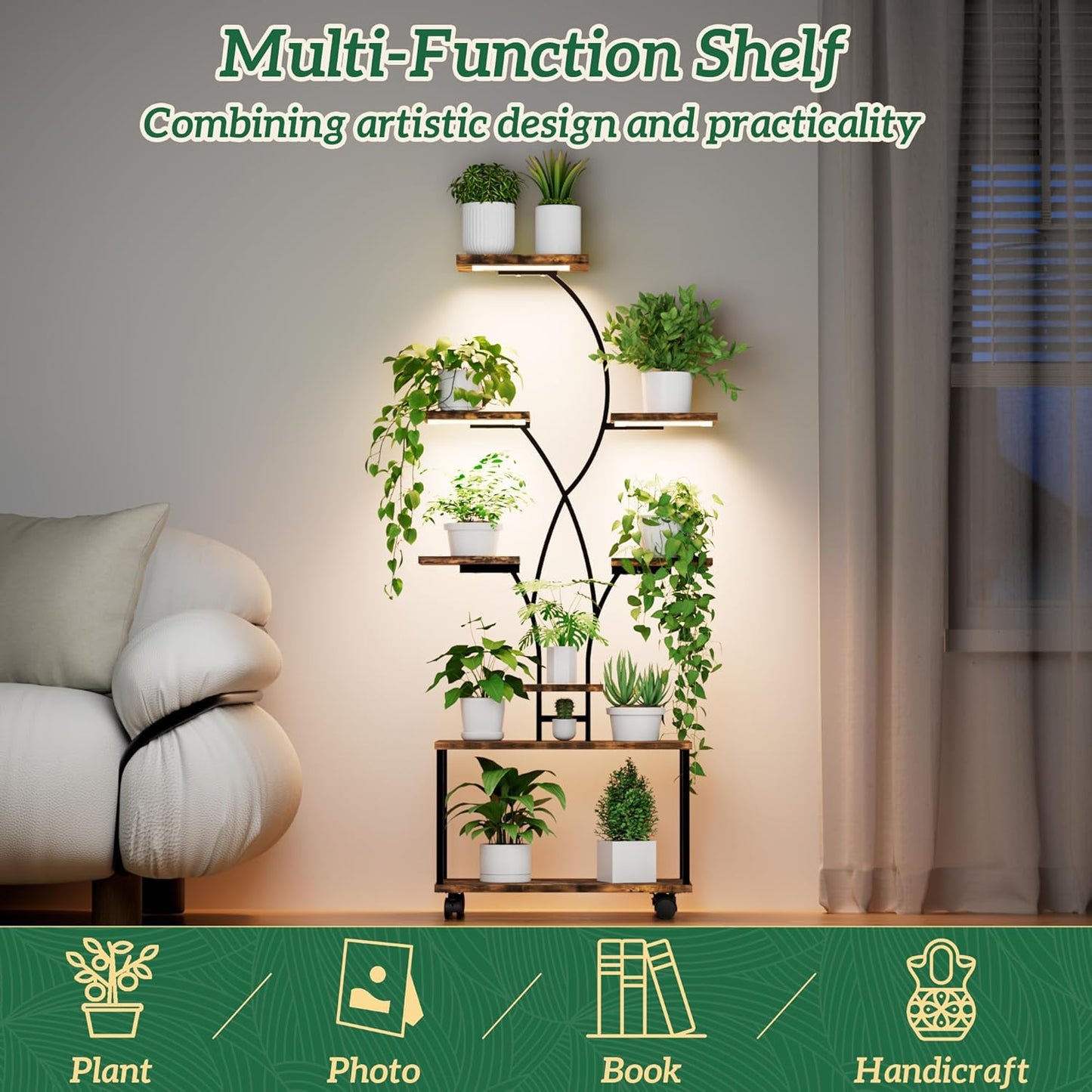Plant Stand Indoor with Grow Lights, 8 Tiered Metal Plant Shelf with Wheels, 58" Tall Corner Plant Stand Flower Display Rack Holder for Living Room, Patio