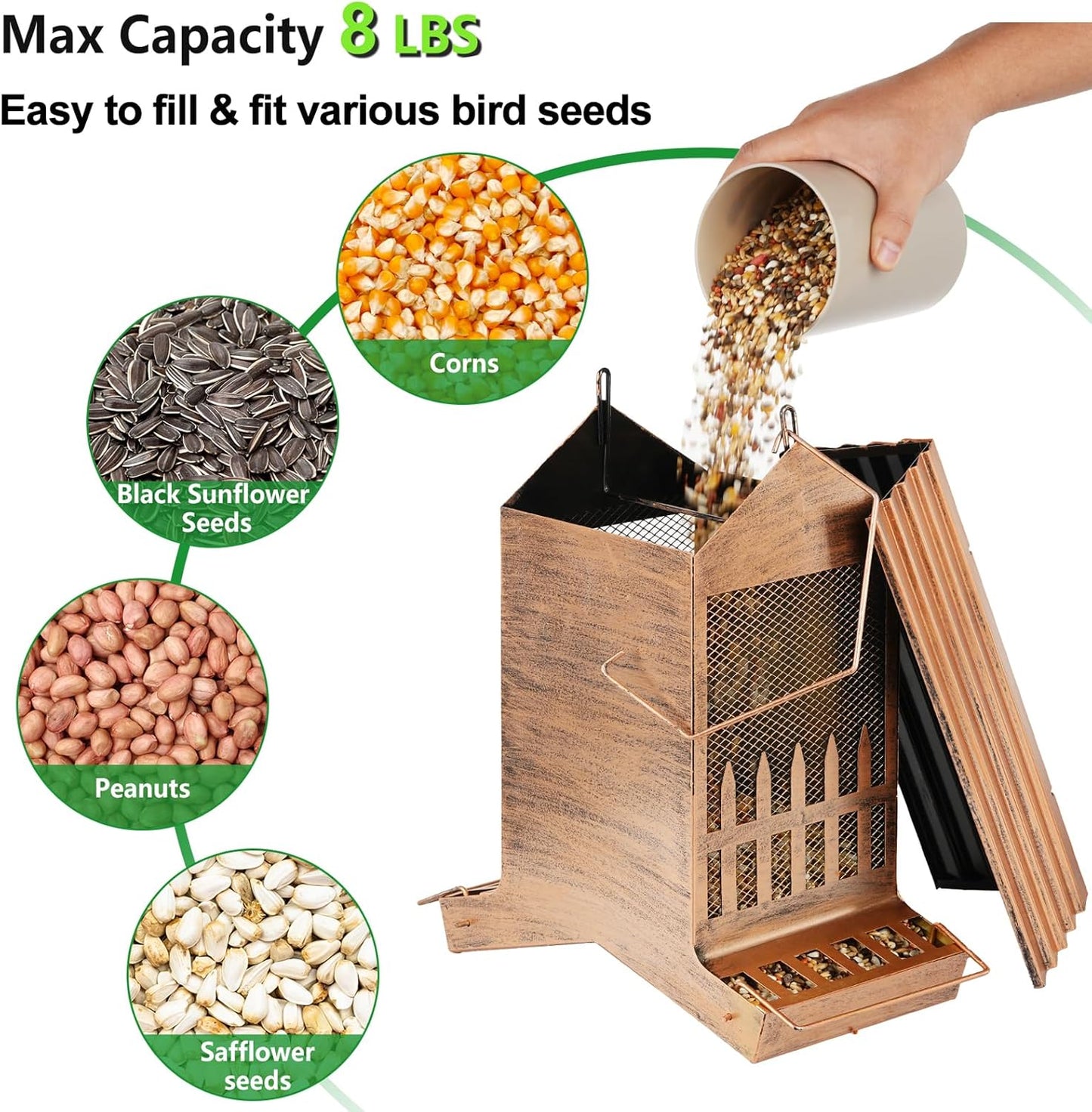 Large Bird Feeder, Extra Large 8 Lbs Capacity with 2-Side Feeding, Weatherproof Wasteproof Hanging Metal Bird Feeders for Outdoor, Easy to Clean & Refill
