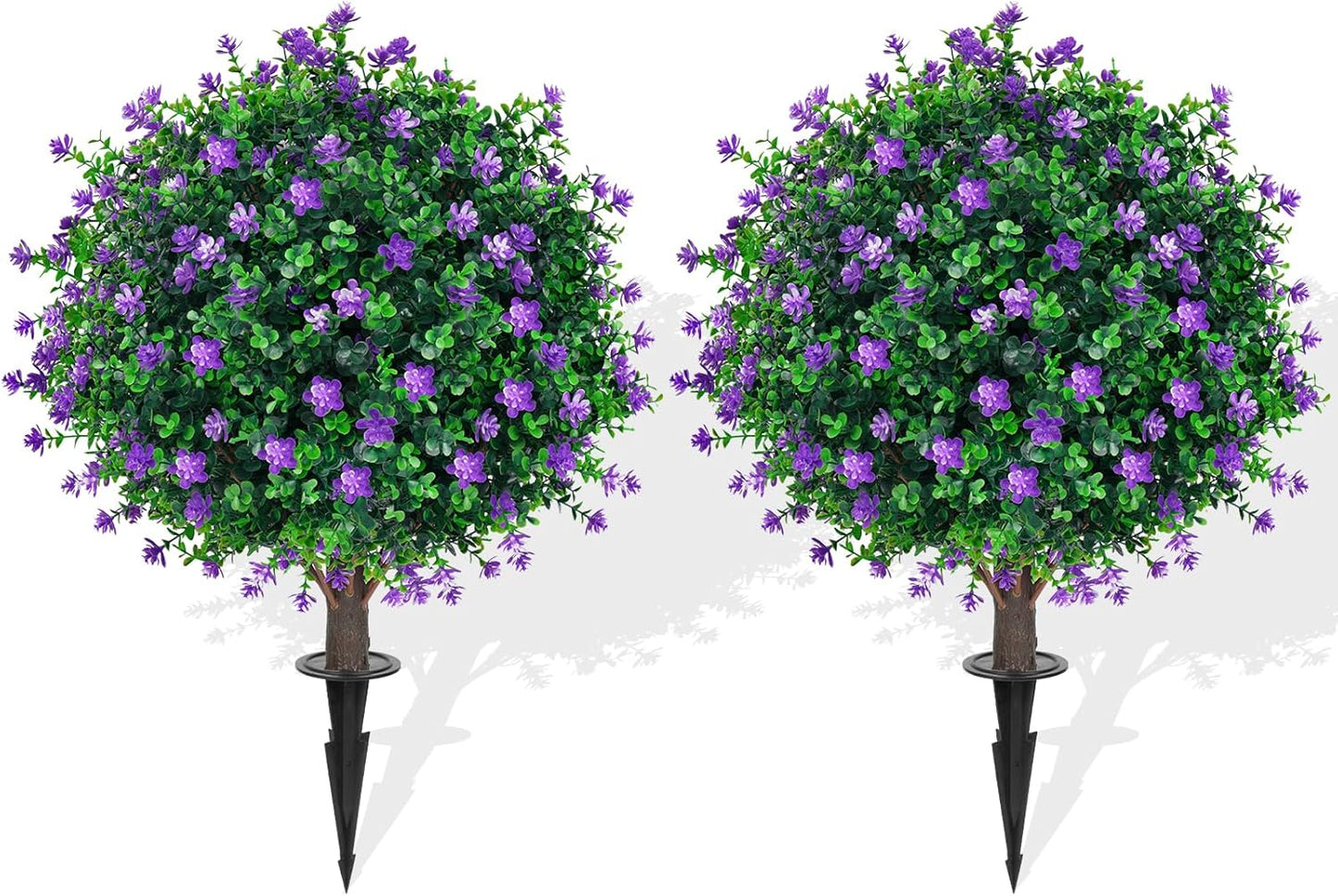 Artificial Purple Flower Topiary Ball Trees with Ground Spike, Set of 2 UV Resistant Artificial Shrubs, Fake Evergreen Artificial Plant Bushes for Indoor Outdoor Front Porch Garden