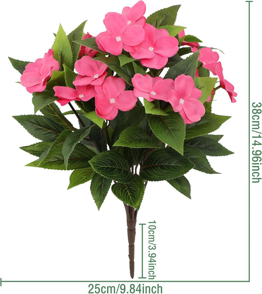 3pcs Artificial Impatiens - Outdoor Faux Flowers for planters, Silk Faux Outdoor Flowers for Patio Lawn Garden Pot Hanging Basket Porch Decoration (Rose Red)