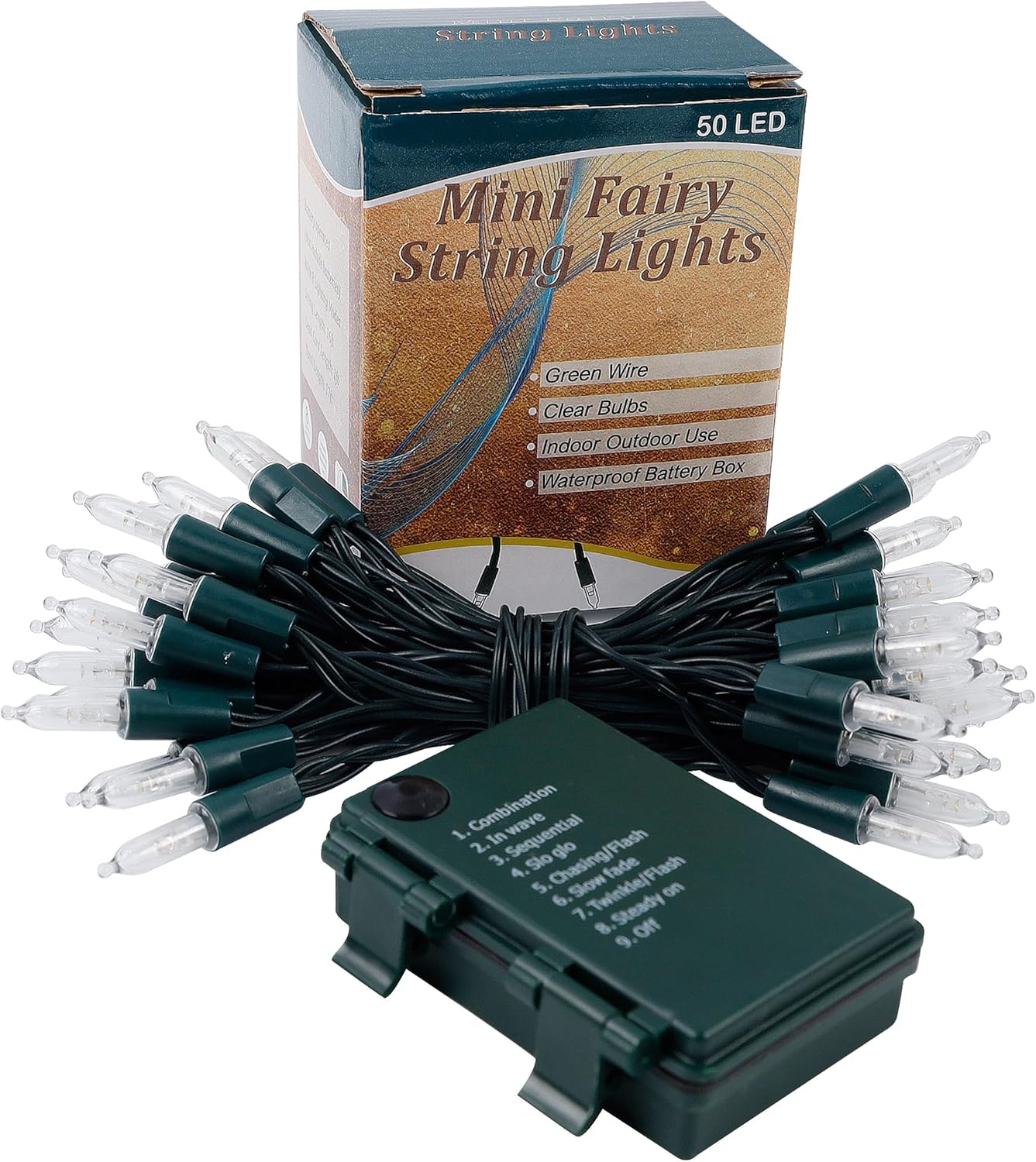 Blissun Christmas Lights, 50-Count Green Wire Light Set, Battery Operated Christmas Mini String Light with 8 Modes, 16 ft Fairy Lights for Christmas Tree Garden Wreath Decorations (1 Pack, Warm White)