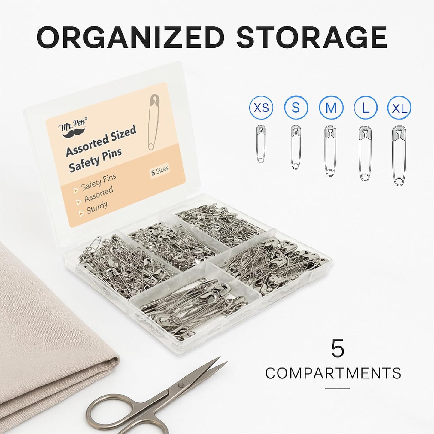 Mr. Pen 300 Pack Safety Pins, Assorted 5 Different Sized, Nickel Plated Steel, Rust Resistant, Small & Large Sizes, Bulk, for Clothes, Crafts, Pinning, Sewing, Art