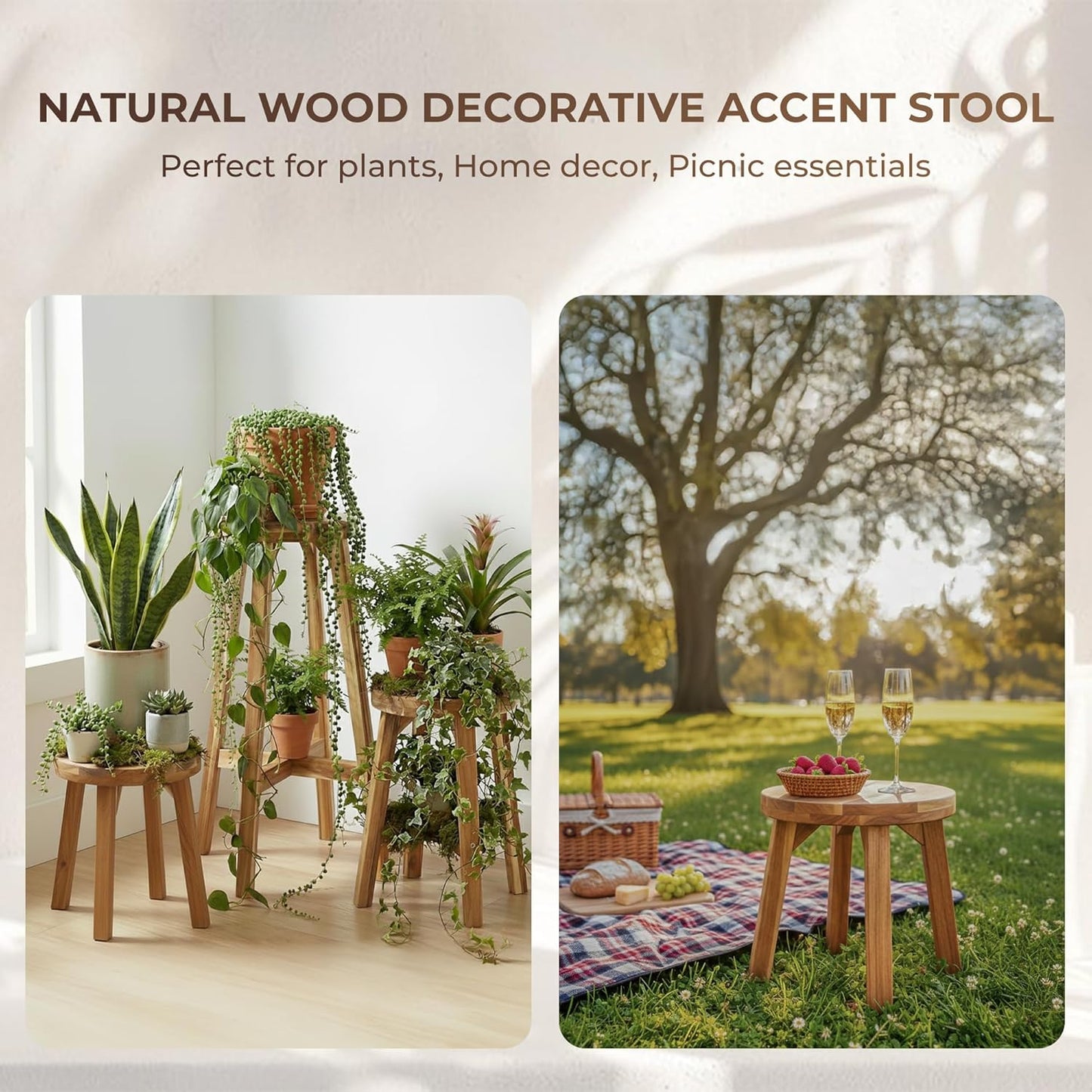 Round Stool Acacia Wood, 12" Height, 11" Round Top, Backless, Easy Ass