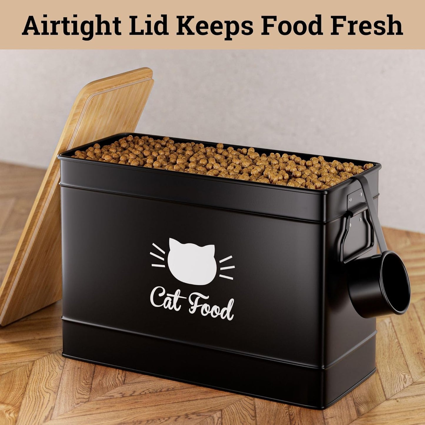 Cat Food Storage Container with Scoop - 15 lb (50 Cup) Capacity Metal 