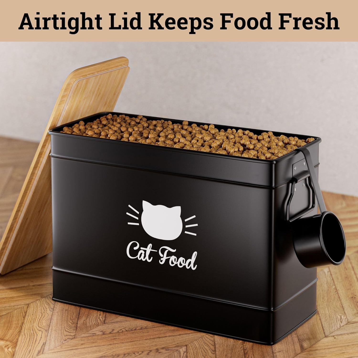 Cat Food Storage Container with Scoop - 15 lb (50 Cup) Capacity Metal 