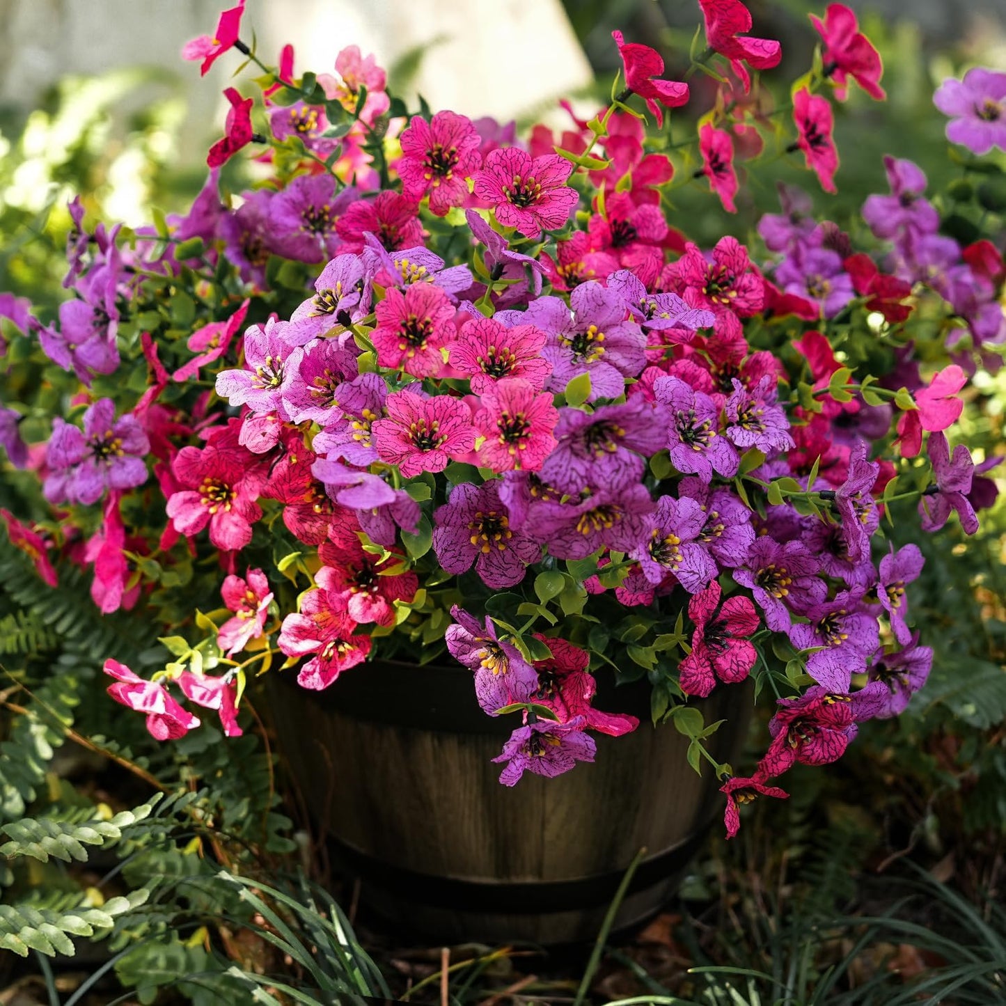 Artificial Faux Outdoor Indoor Plants Flowers for Spring Summer Decoration, 12 Bundles Fake Silk Daisy Eucalyptus Realistic UV Resistant for Outside Planter Pot Window Porch .（Purple and pink）