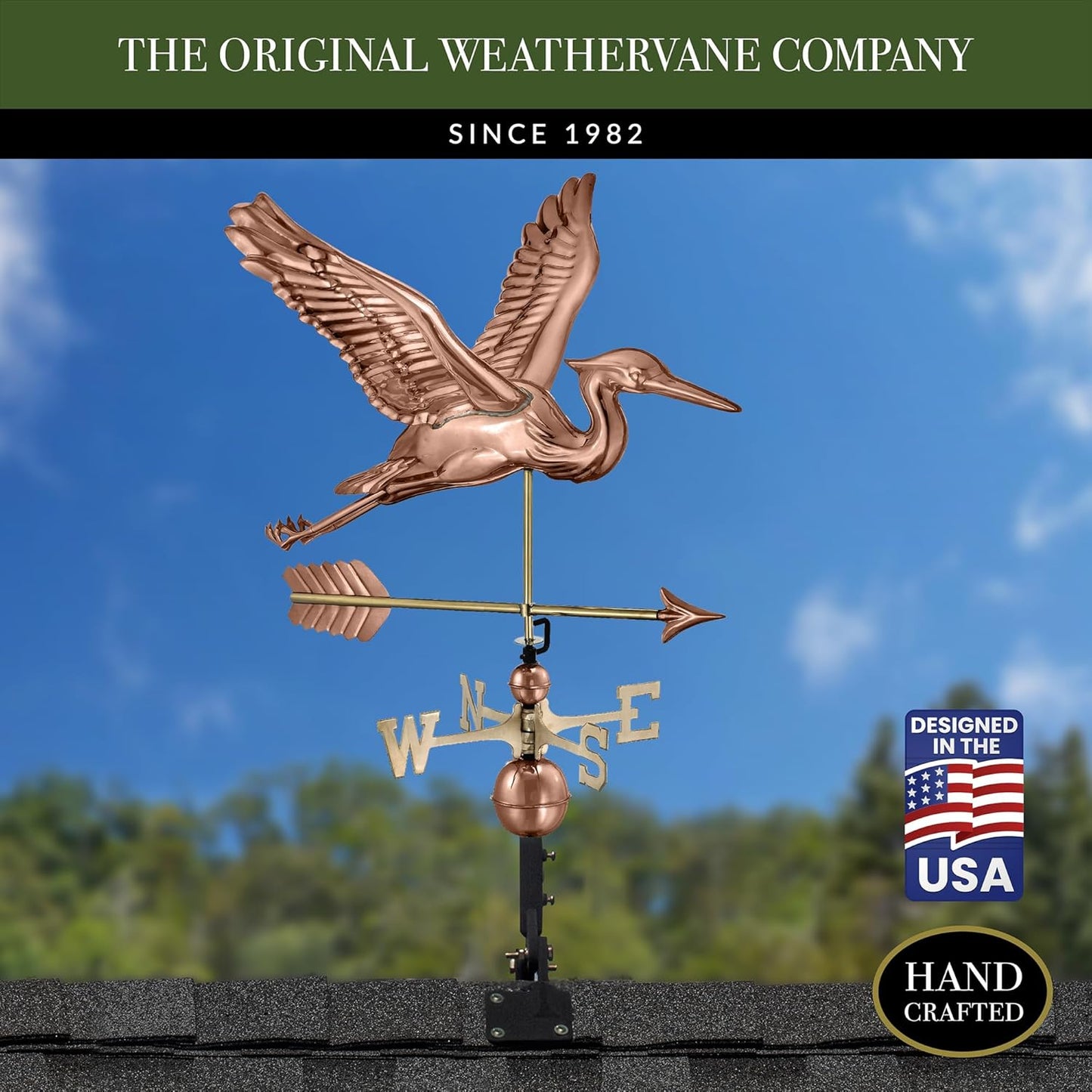 Good Directions 3-Dimensional Blue Heron Copper Weathervane, with Arrow, Includes Adjustable Roof Mount for Easy Installation - Hand-Polished Copper