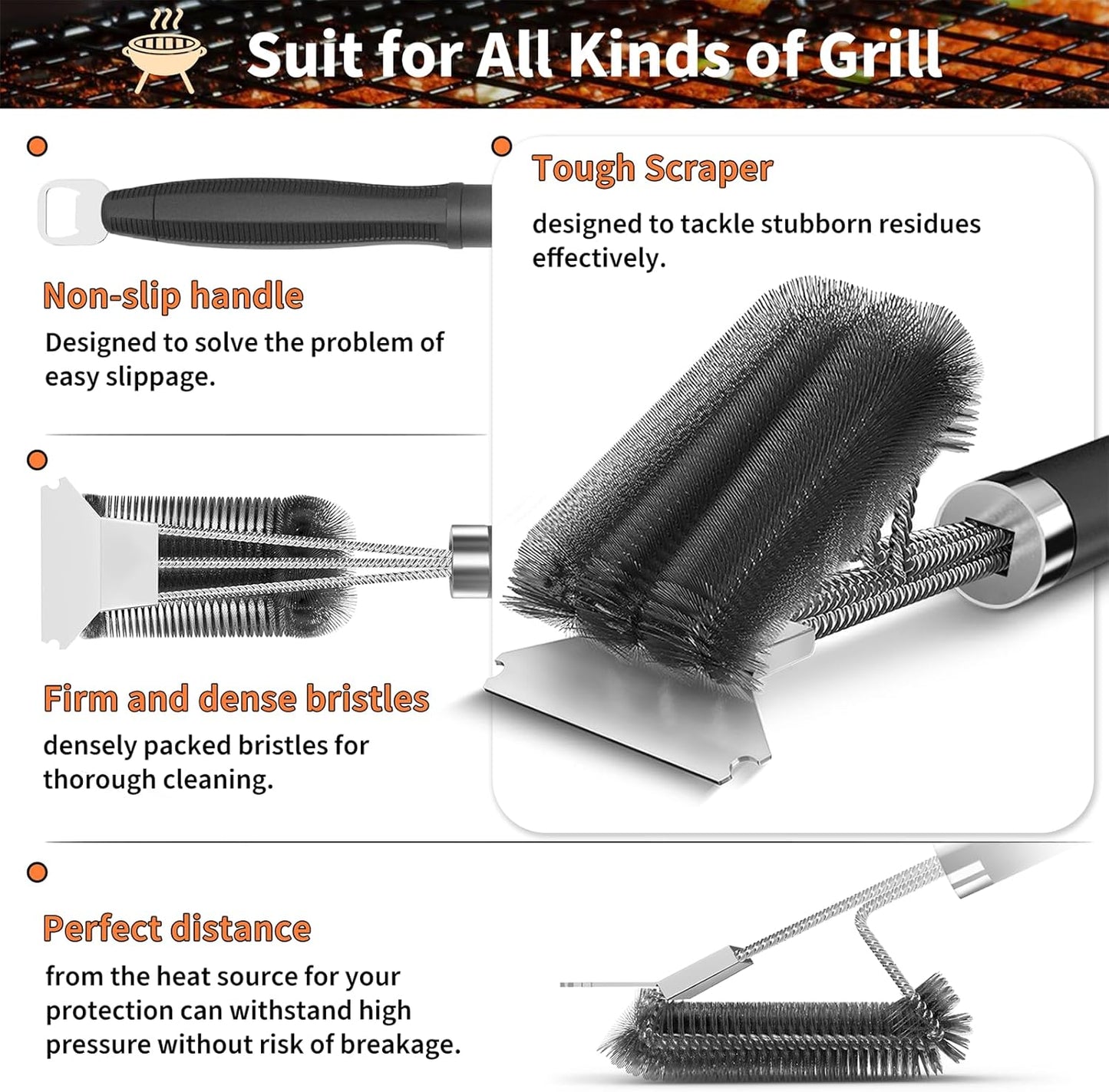 Grill Brush and Scraper-18 Adjustable Handle Safe BBQ Grill Brush for Outdoor Grill-Deep BBQ Clearning Brush wih Bottle Operner Extra Strong Grill Cleaner Accessories for Gas/Charcoal Grilling Grates