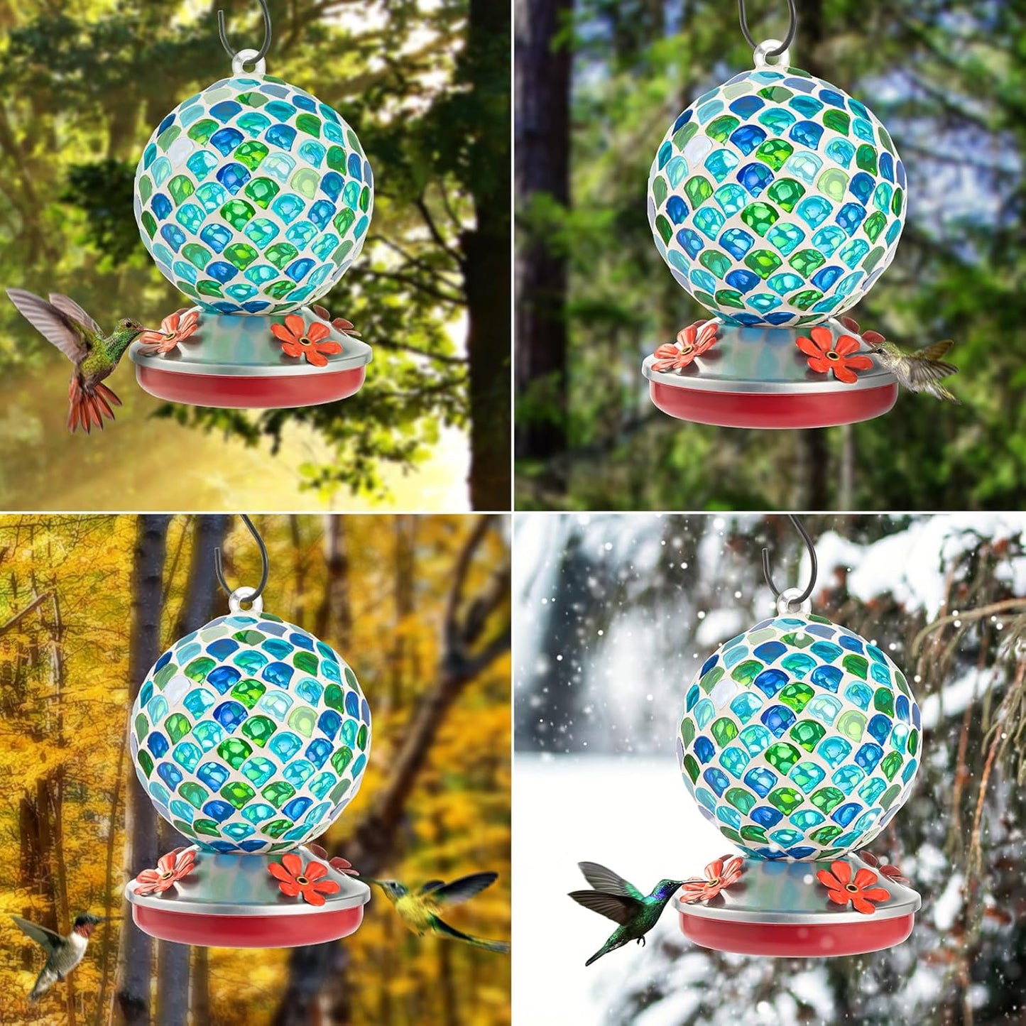 Backyard Expressions Glass Hummingbird Feeder - Blue/Green - Hummingbird Feeders for Outdoors Hanging, Hand Blown Glass Hummingbird Feeder