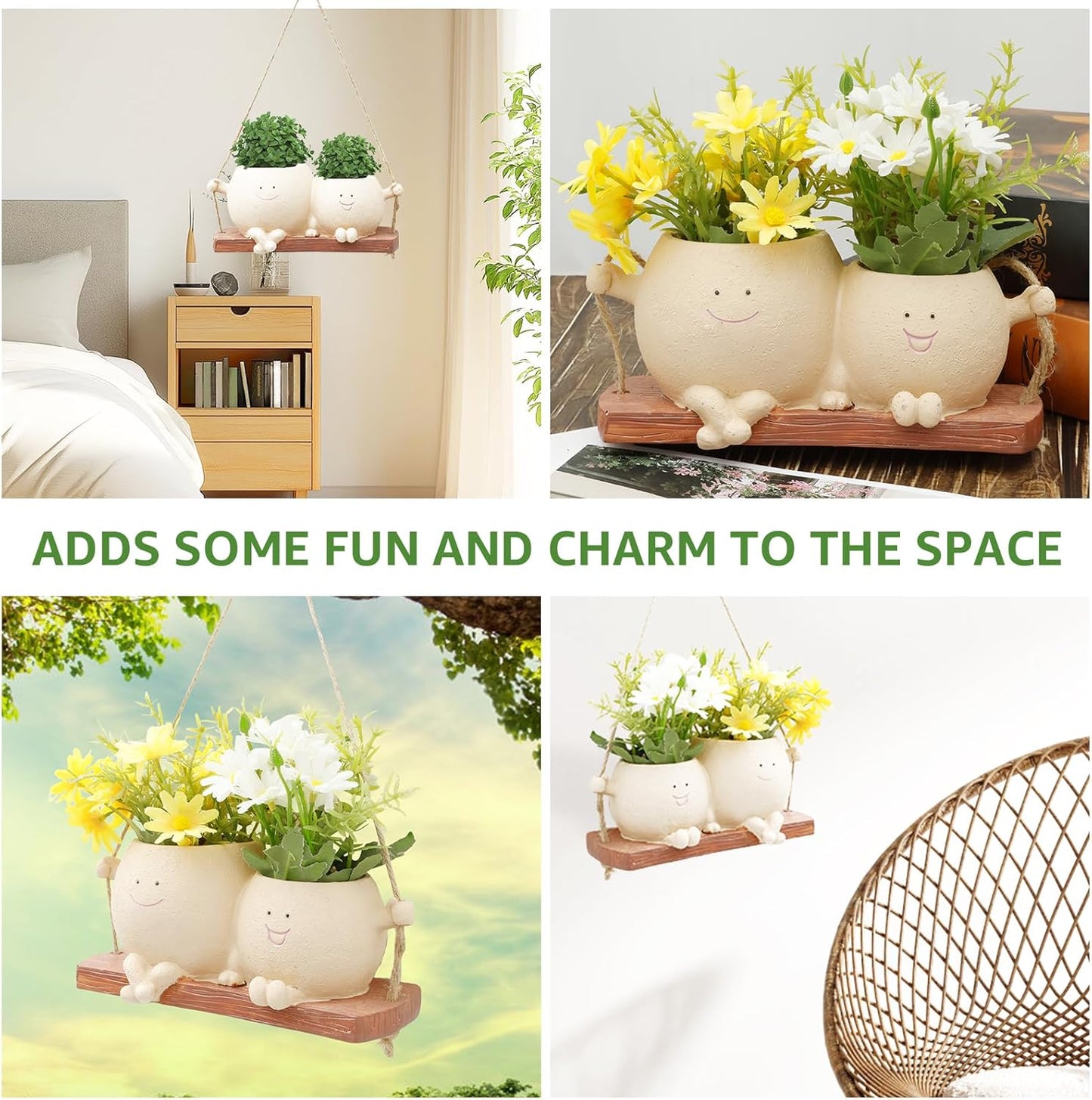 Face Flower Pot Small Swing Face Hanging Planter Pots Swinging Succulent Cute Hanging Flower Pot Resin Head Planter for String Indoor Outdoor Plants Lovers Birthday
