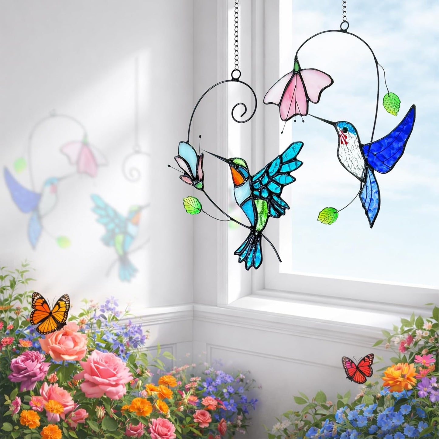 2 Packs Hummingbird Stained Glass Window,Stained Glass Window Hanging,Hummingbird Ornament,Handmade Real Suncatchers Decor for Women Mom Grandma Bird Lovers