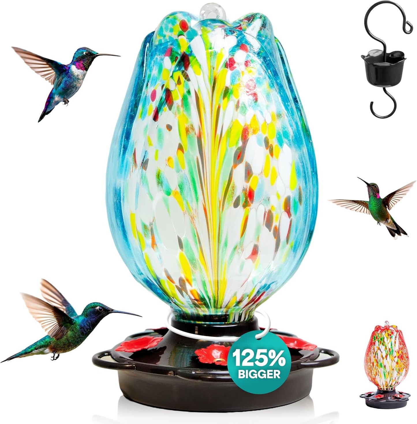 Tulip Shaped Glass Hummingbird Feeders for Outdoors - 36 Oz Hummingbird Feeder - Humming Bird feeders for Outdoors Hanging