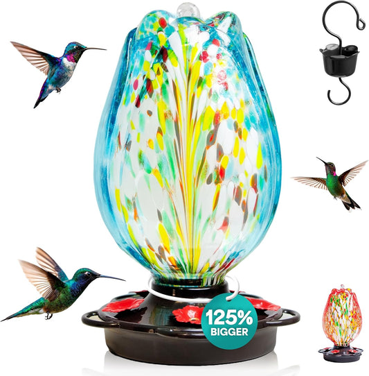 Tulip Shaped Glass Hummingbird Feeders for Outdoors - 36 Oz Hummingbird Feeder - Humming Bird feeders for Outdoors Hanging