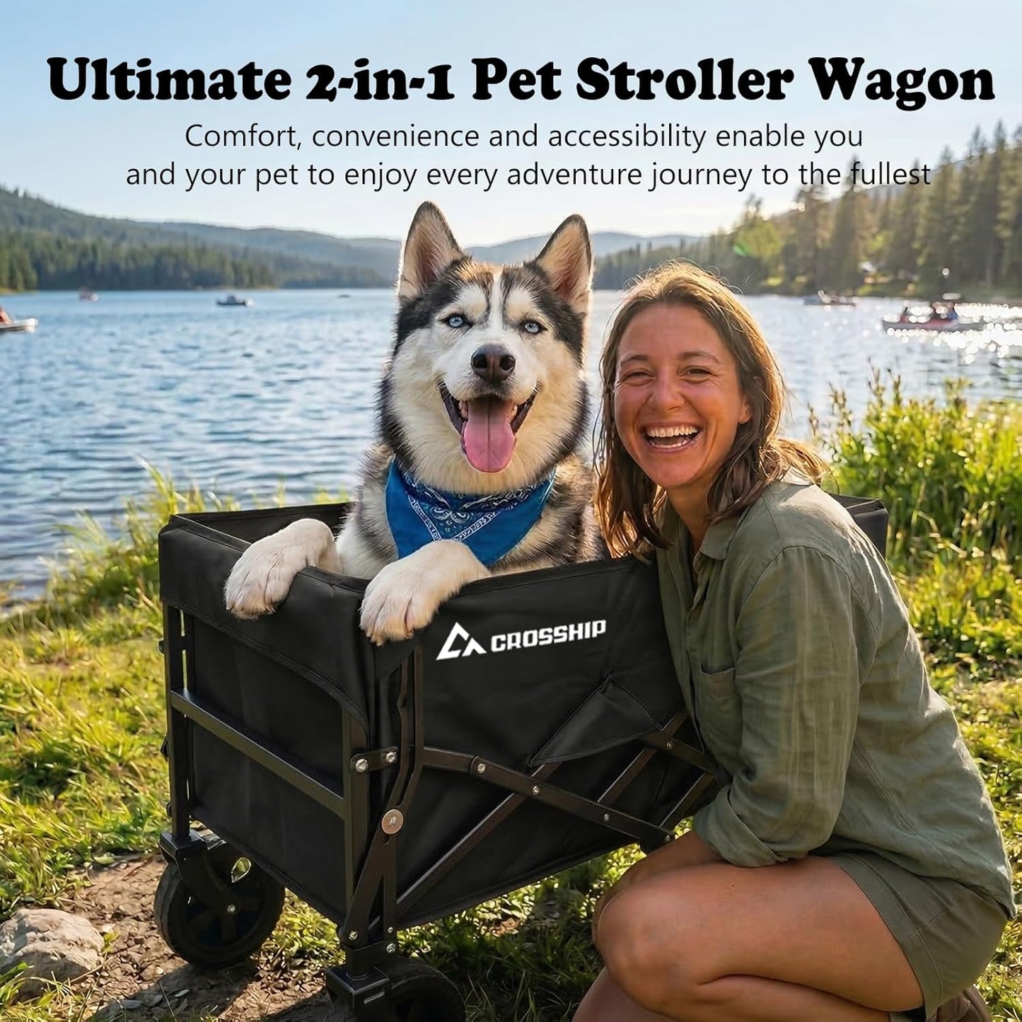 Folding Pet Wagon for Dogs - 330 lbs Heavy Duty Dog Cart, All-Terrain Collapsible Wagon for Beach, Shopping & Camping, Garden Cart with Drop-Down Tailgate for 2 Medium or 1 Large Dog