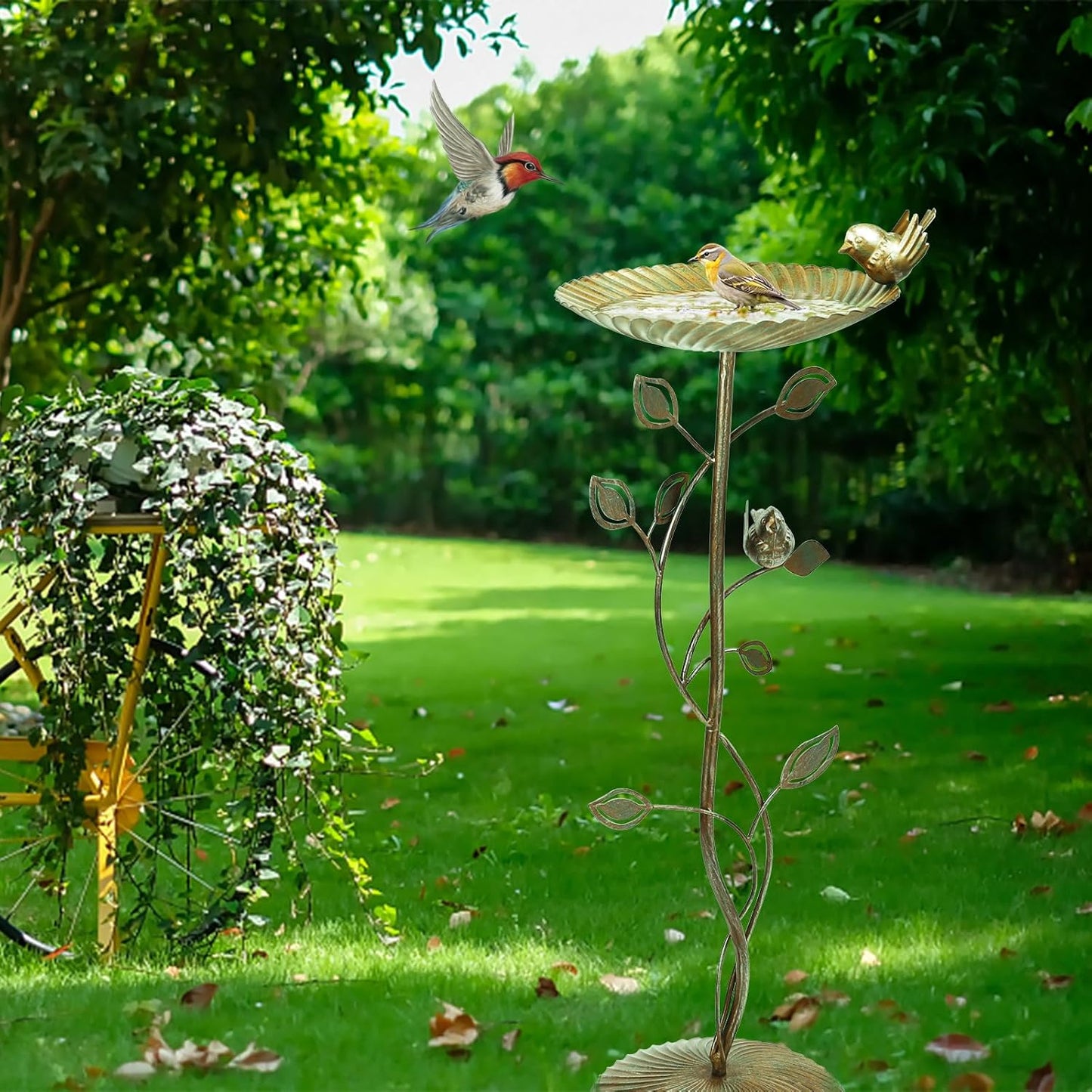 MUMTOP Bird Baths for Outdoors-Metal Bird Bath Bowl - Golden Birdbaths Stand with Leaf and Bird Decor, Bird Feeders for Outside, Garden, Patio, Lawn, Outdoor Decor