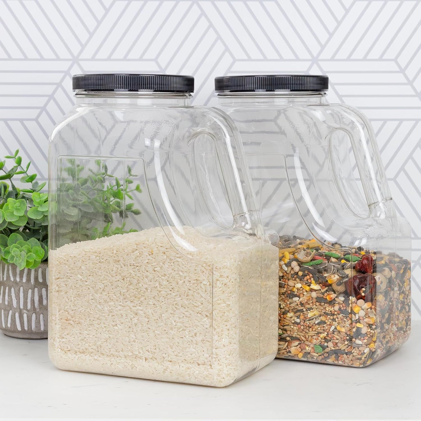 Cornucopia Brands Clear Plastic Gallon Jar w/Handle and Airtight Lid (2-Pack) for Bulk Food, Craft Supplies, Paint and Detergent Storage and More