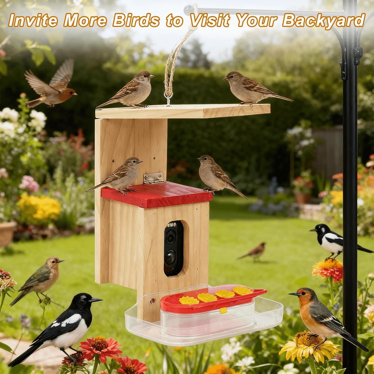 Hummingbird Feeder with Camera Solar Powered, Outdoor Hanging Wooden Smart Hummingbird Feeder, Real-Time View & Motion Detection, for Garden for 2.4g WiFi Coverage Area, for Bird Lovers