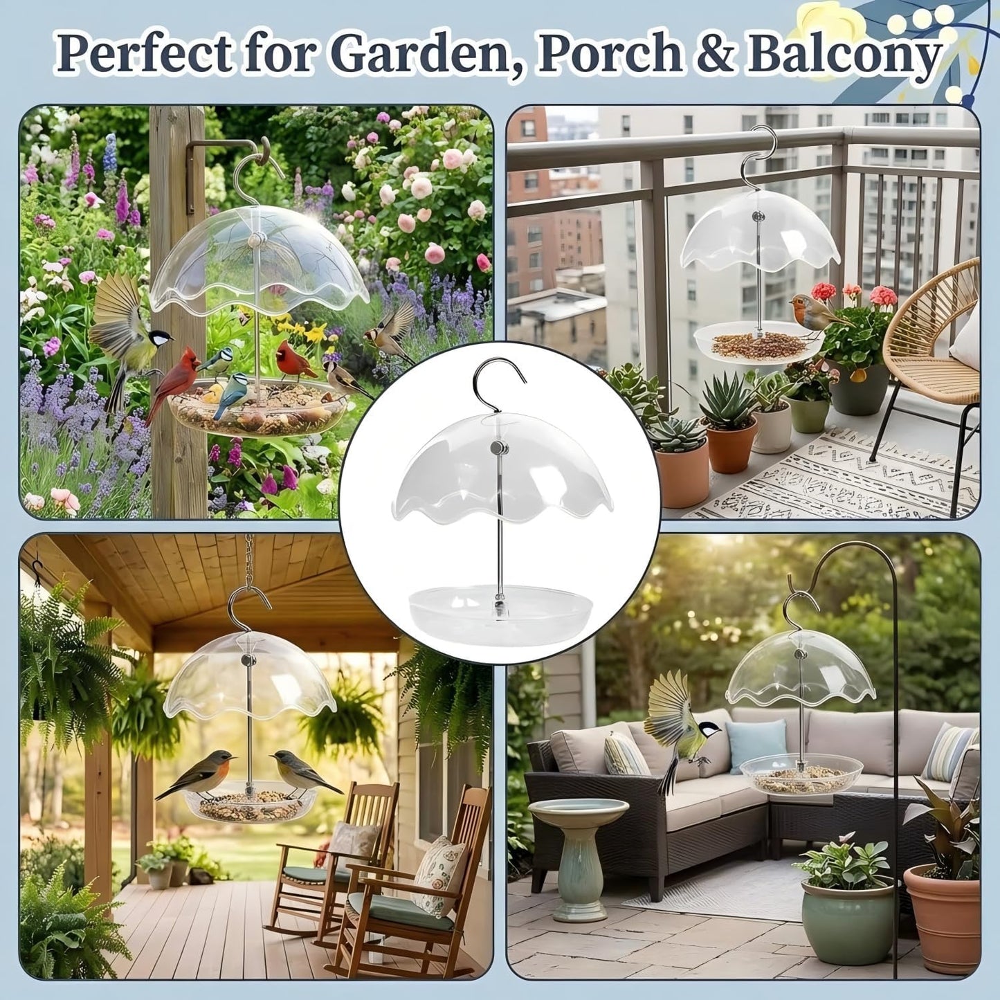 Hanging Platform Bird Feeder with Rain Shield, Adjustable Outdoor Seed Tray Feeder with Clear Dome, Large Capacity Plastic Bird Feeder for Wild Birds, Garden Porch Balcony
