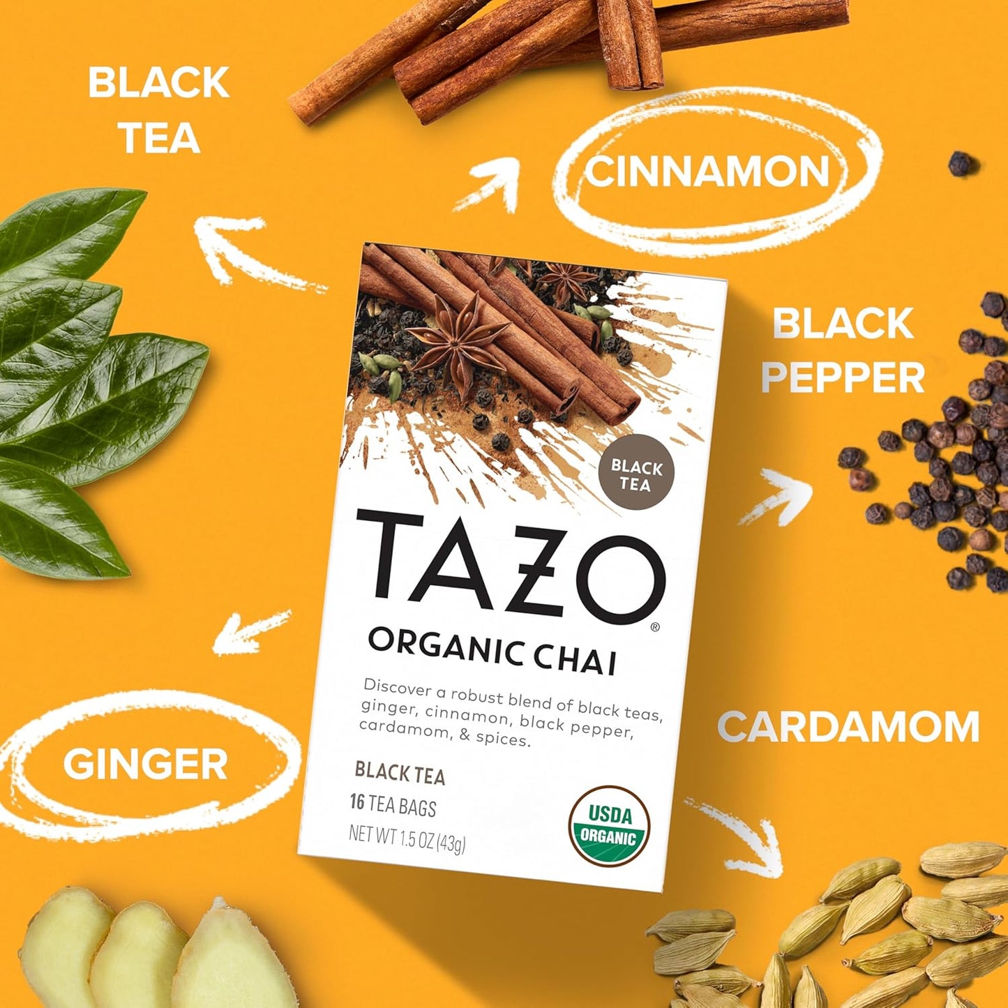TAZO Organic Chai Black Tea Bags, Caffeinated tea, 16 Total Bags