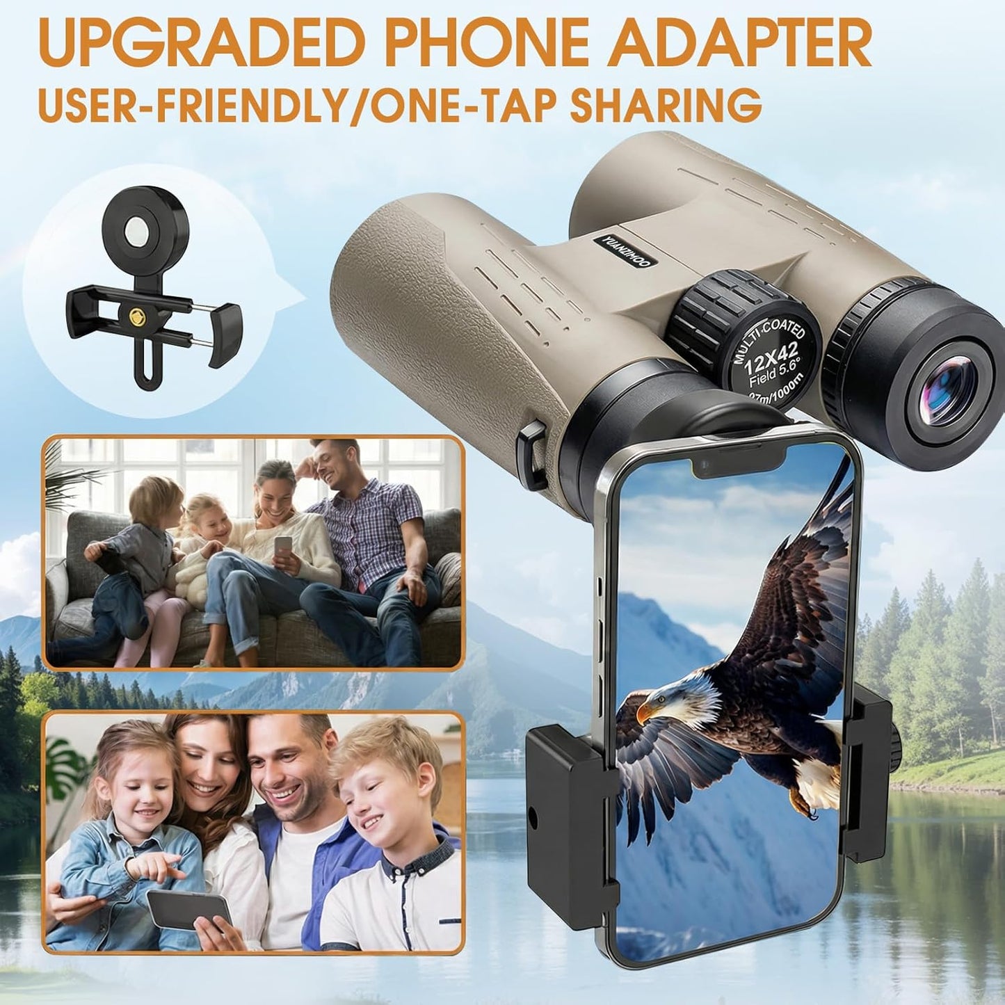 12x42 HD Binoculars for Adults High Powered Binoculars with Upgraded Phone Adapter Waterproof Compact Binocular with Low Light Night Vision for Bird Watching Hunting Outdoor Sports Concerts Mud