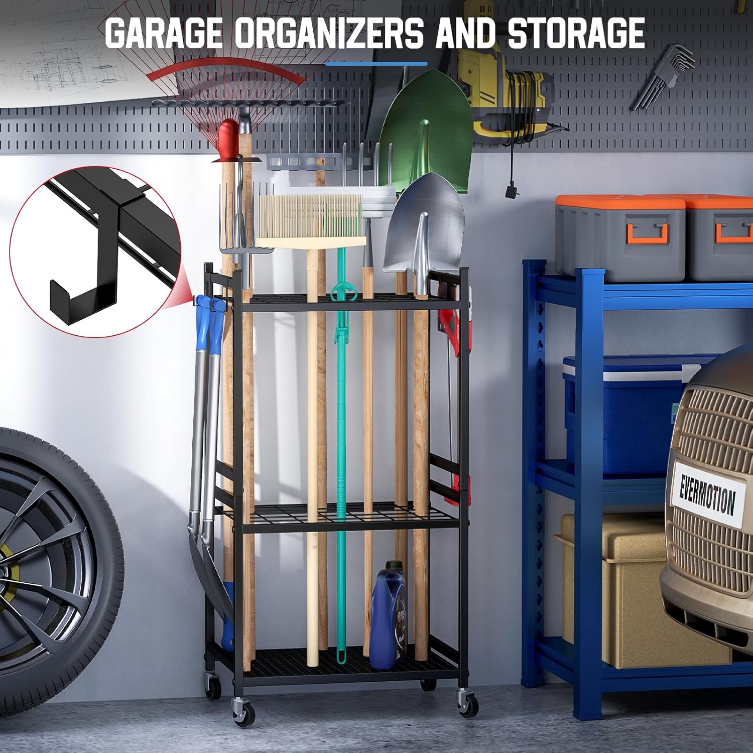 Garden Organizer With Wheels, Yard Tower Rack for Garage Storage, Up t