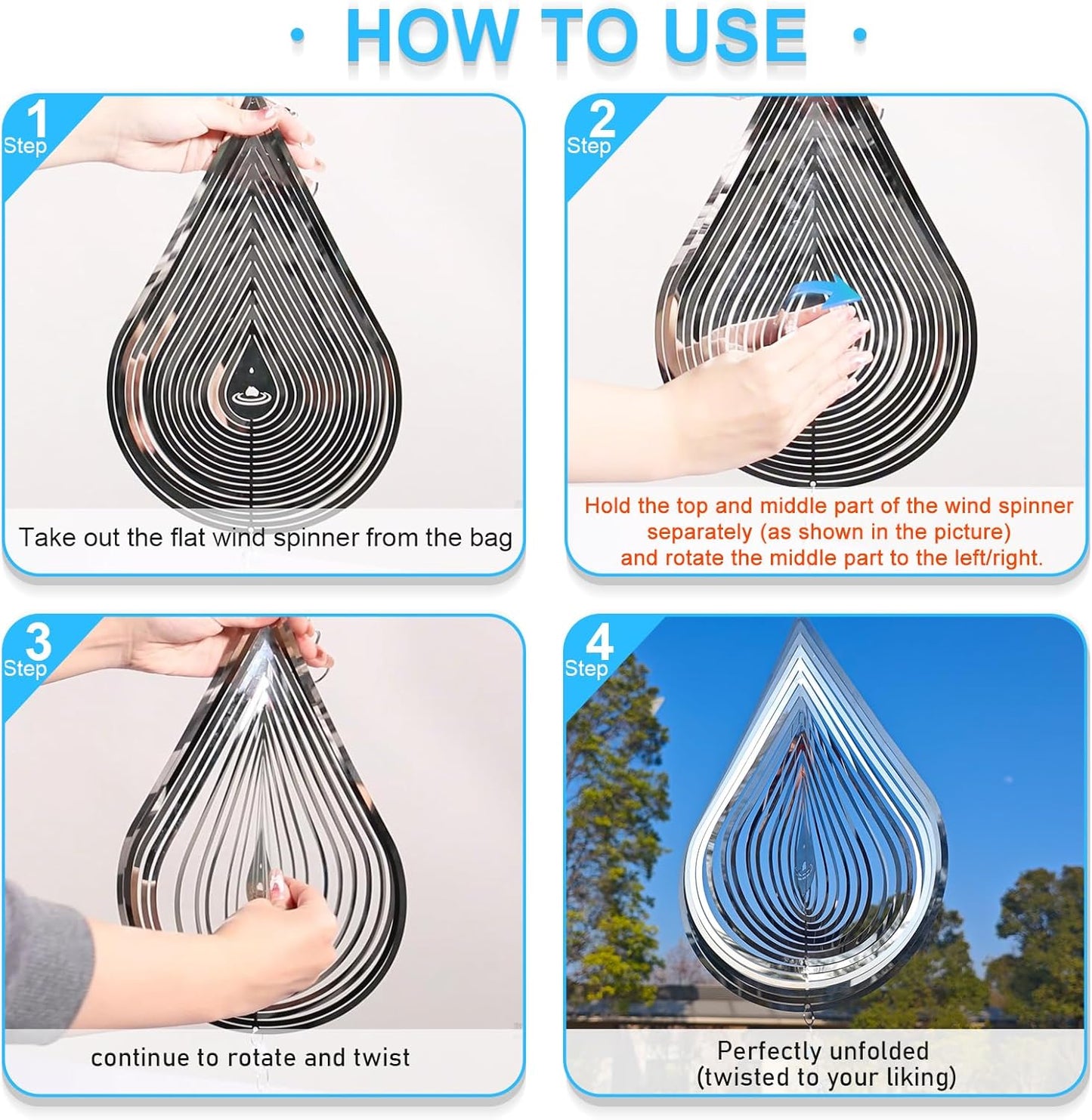 2PCS Wind Spinner 3D Stainless Steel Metal Sculptures Decorations, Water Droplets Wind Sculptures & Spinners, Outdoor Hanging Garden Decoration, Bird Devices Deterrent for Outside to Scare Birds Away