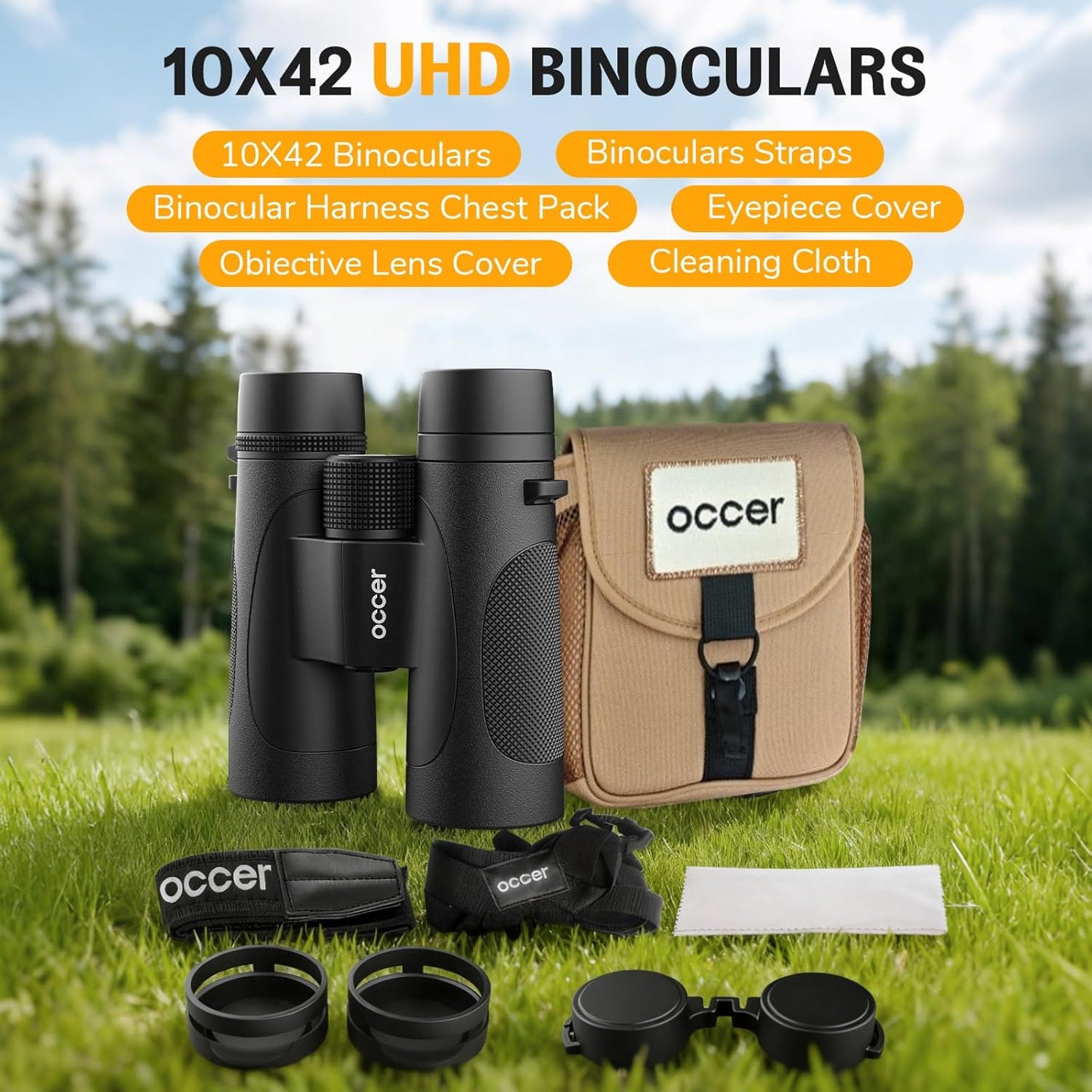 10x42 Waterproof Binoculars for Adults High Powered - Occer IPX7 Fogproof Shockproof UHD Binoculars, Rubber Armor Binocular with Chest Harness for Hunting Bird Watching Cruise Ship