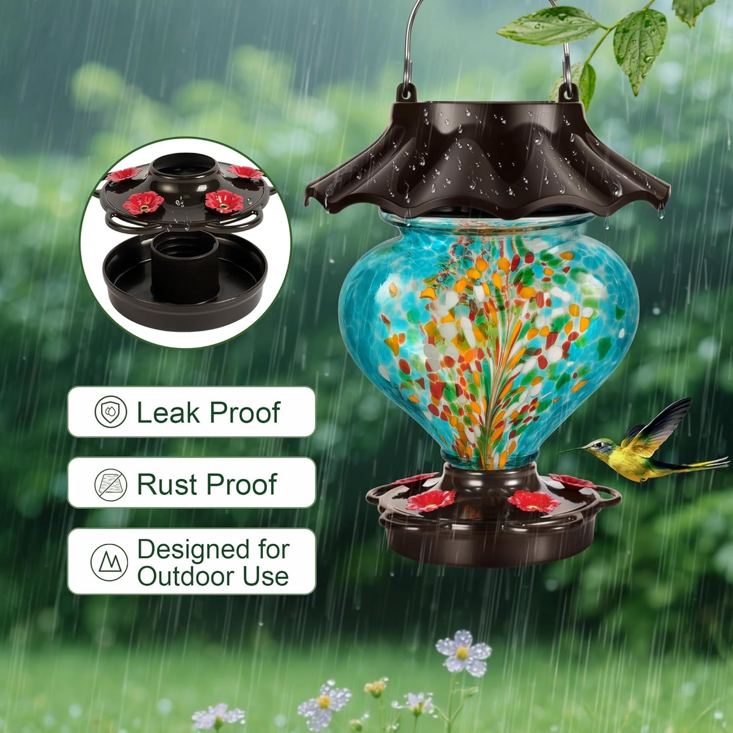 Solar Hummingbird Feeder for Outdoors Hanging, 33oz Heart-Shaped Hand-Blown Glass, Leak-Proof & Rustproof, LED Lighted Garden Decoration, Includes 2 Hooks (Teal)