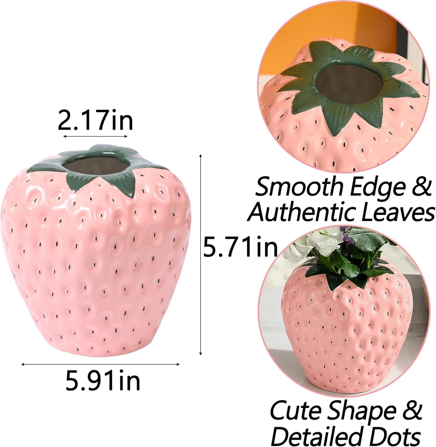 Strawberry Vase for Flowers, Dusty Pink Ceramic Fruit Vase, Strawberry Shaped Planter Pot with Green Leaves and Black Seeds for Table Centerpiece, Home Spring Kitchen Decor