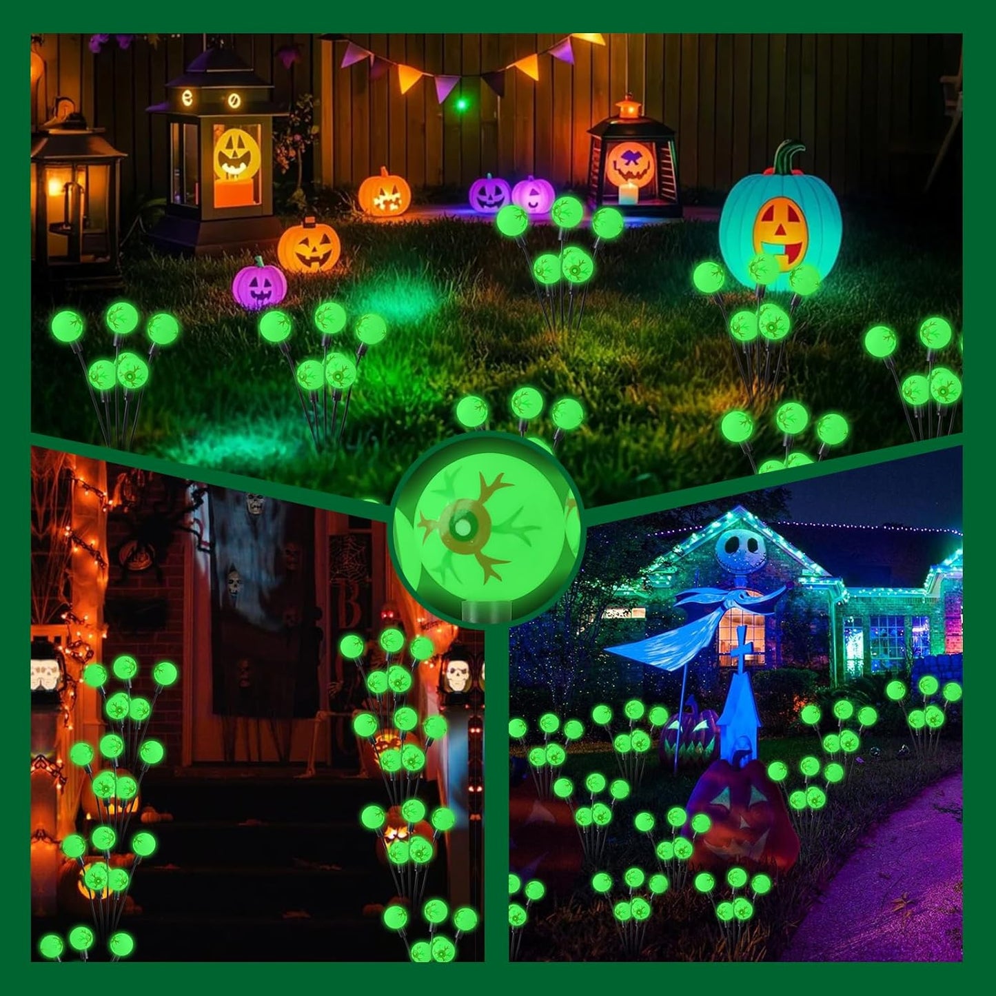 Solar Halloween Lights，2 Pack Outdoor Halloween Decorations Lights, 12LED Green Eyeball Swaying Lamps for Garden Decor, Yard, Lawn, Party Decorations