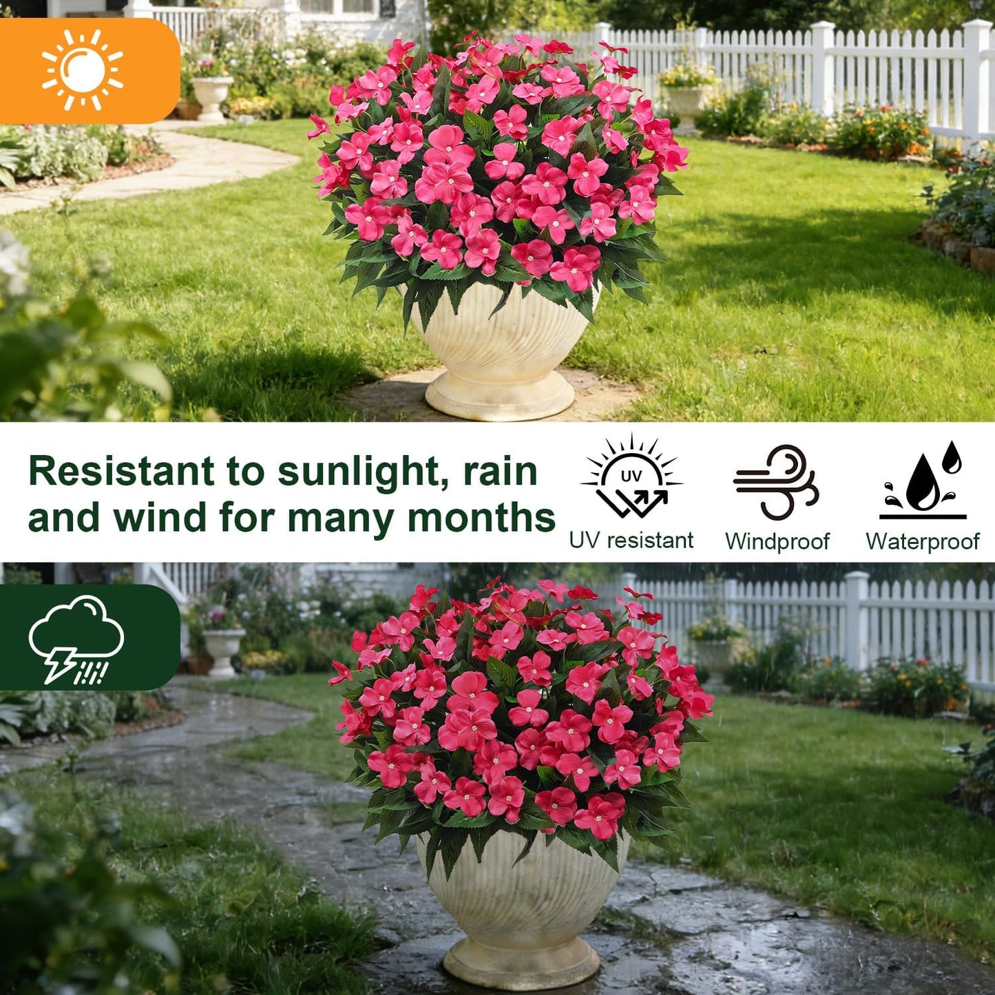 8 Bundles Artificial Impatiens for Outdoors UV Resistant Artificial Outdoor Flower Bouquet Fake Flowers Faux Plants Silk Flowers for Outside Front Porch Garden Window Box Planter Decor(Rose Red)