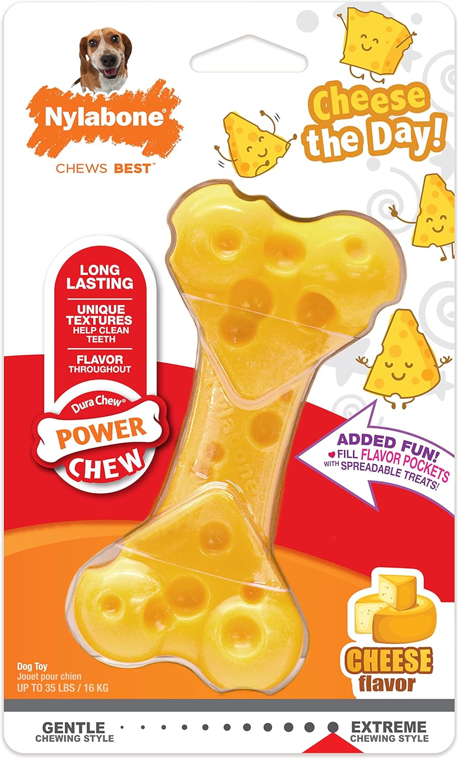 Nylabone Cheese Bone Power Chew Toy for Dogs, Cute Dog Toys for Aggres