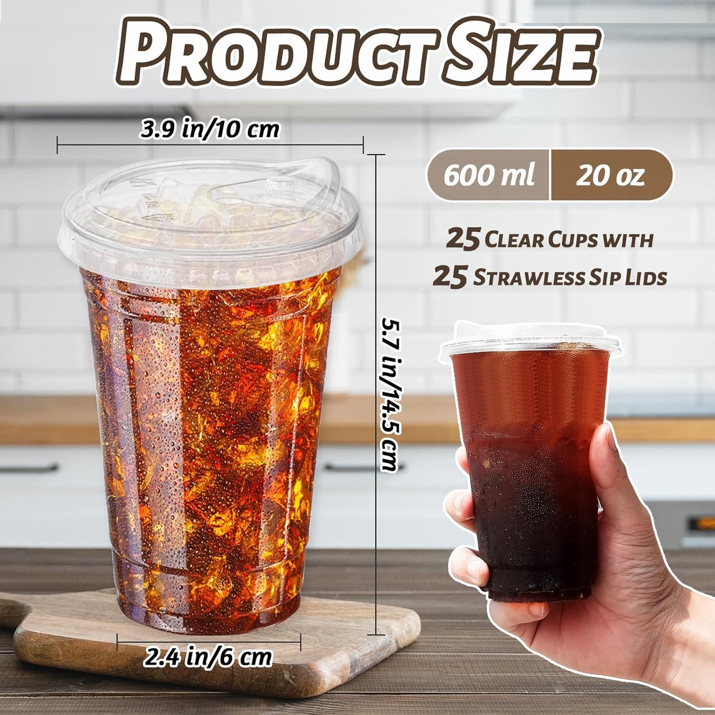 20 oz Clear Plastic Cups with Strawless Sip Lids,25 Sets Disposable Iced Coffee Cups with Lids,Disposable Clear Plastic Cup with Lid for Iced Coffee,Smoothie,Cold Drinks for Party