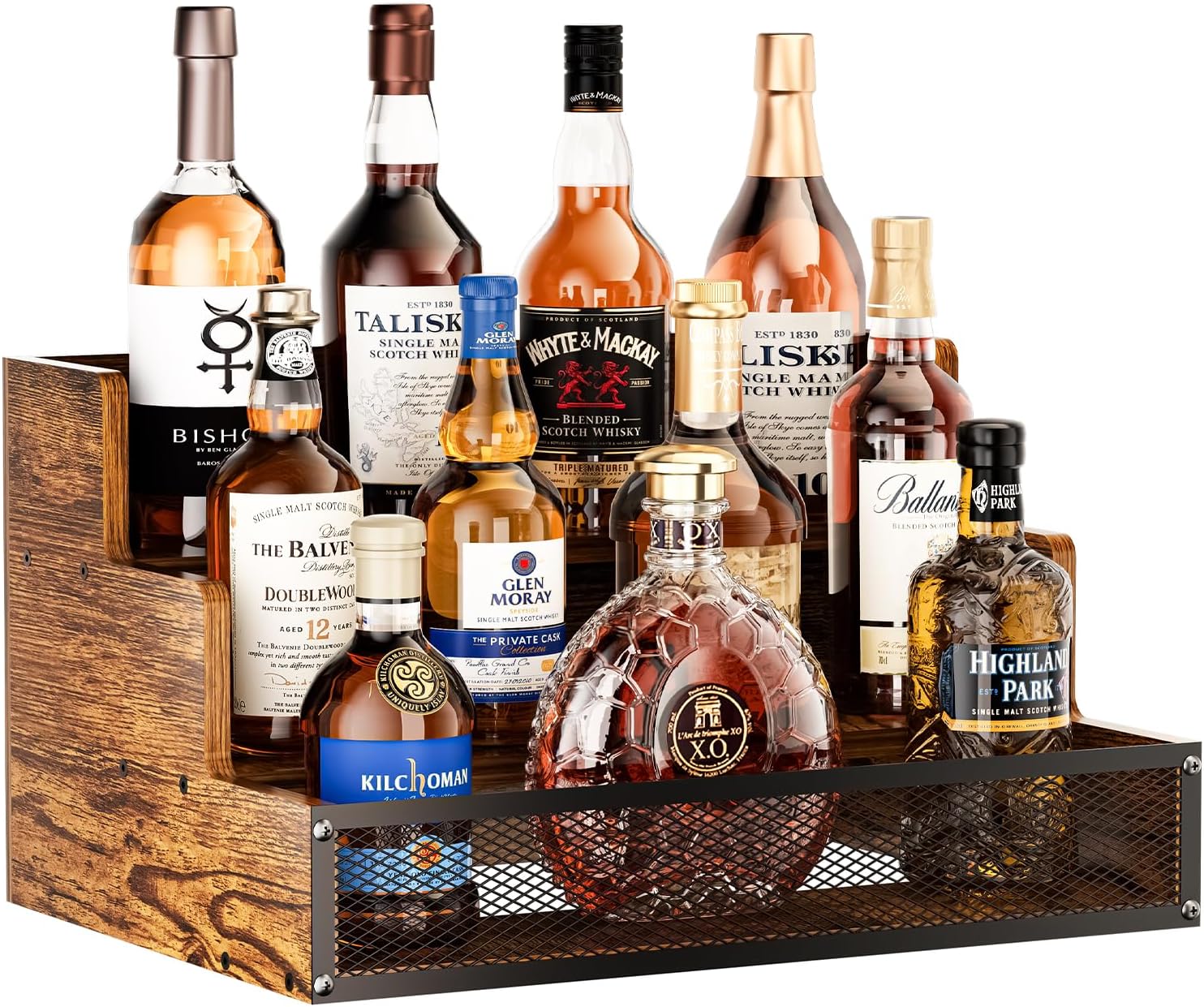 3 Step Countertop Liquor Bottle Display Shelf, Wood Bar Shelves 12 Bot